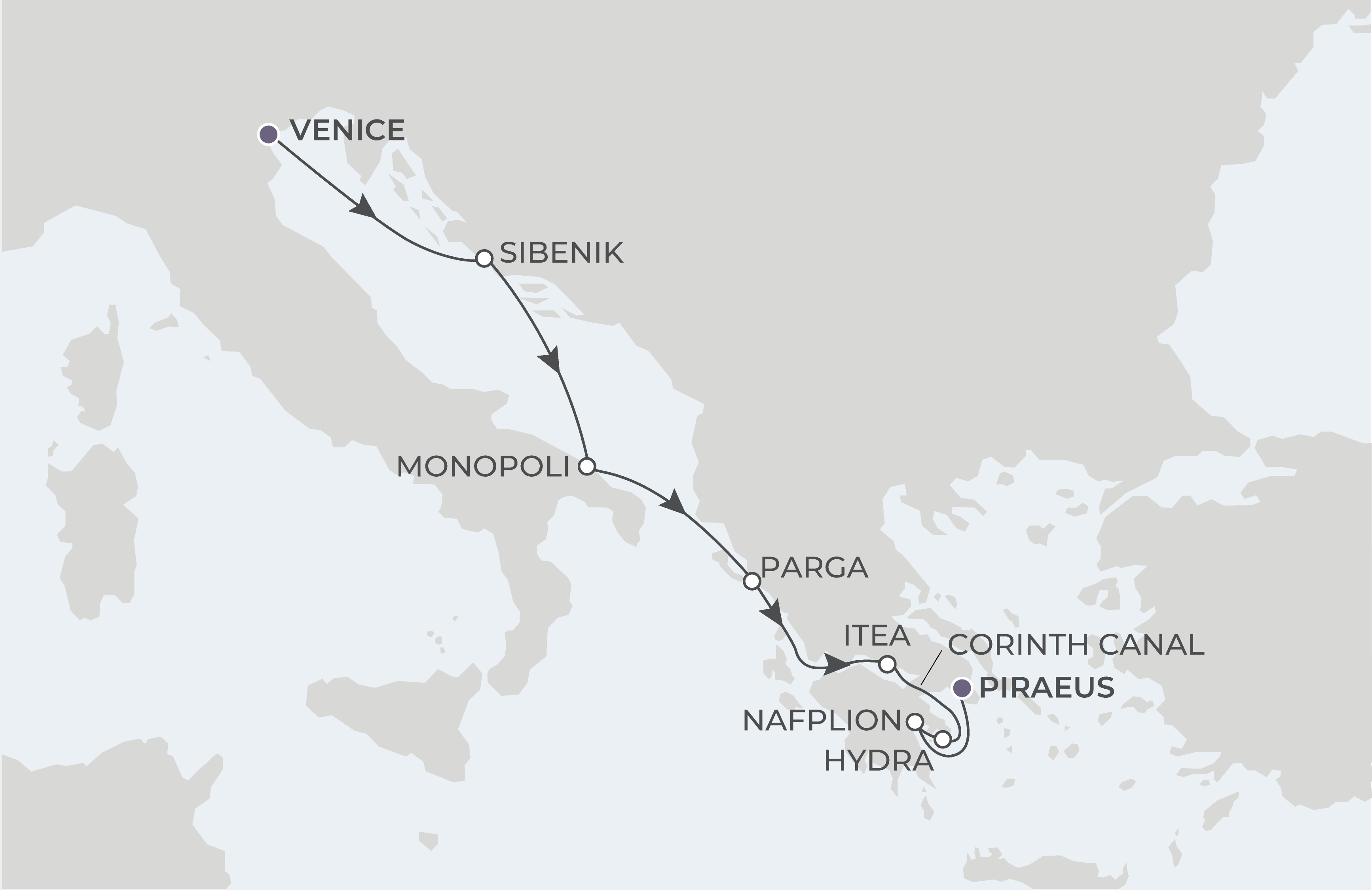 Map for 8-Night Venice to Athens 9.22.26