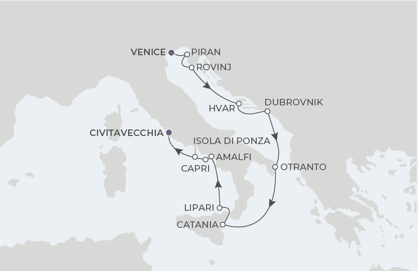 Map for 11-Night Venice to Rome 6.20.26