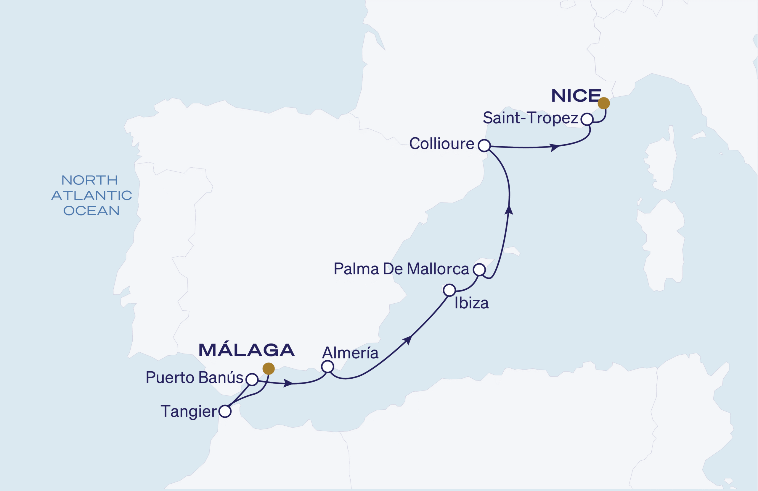 Map for 8-Night Malaga to Nice 4.23.27