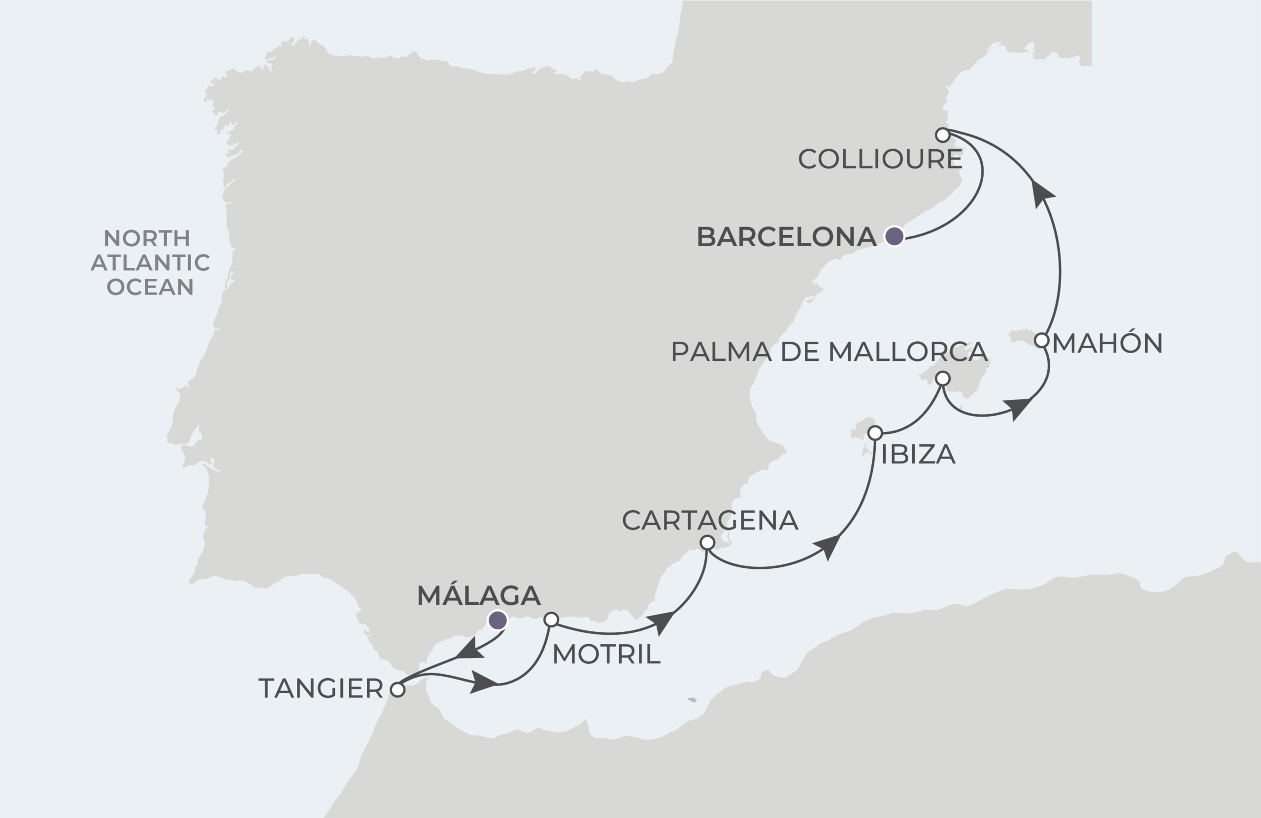 Map for 8-Night Malaga to Barcelona 4.23.27