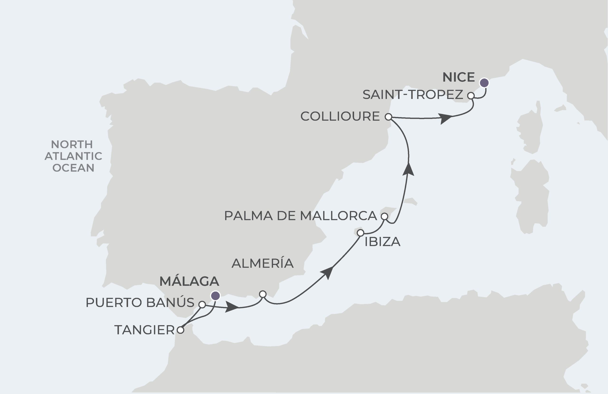 Map for 8-Night Malaga to Nice 4.23.27
