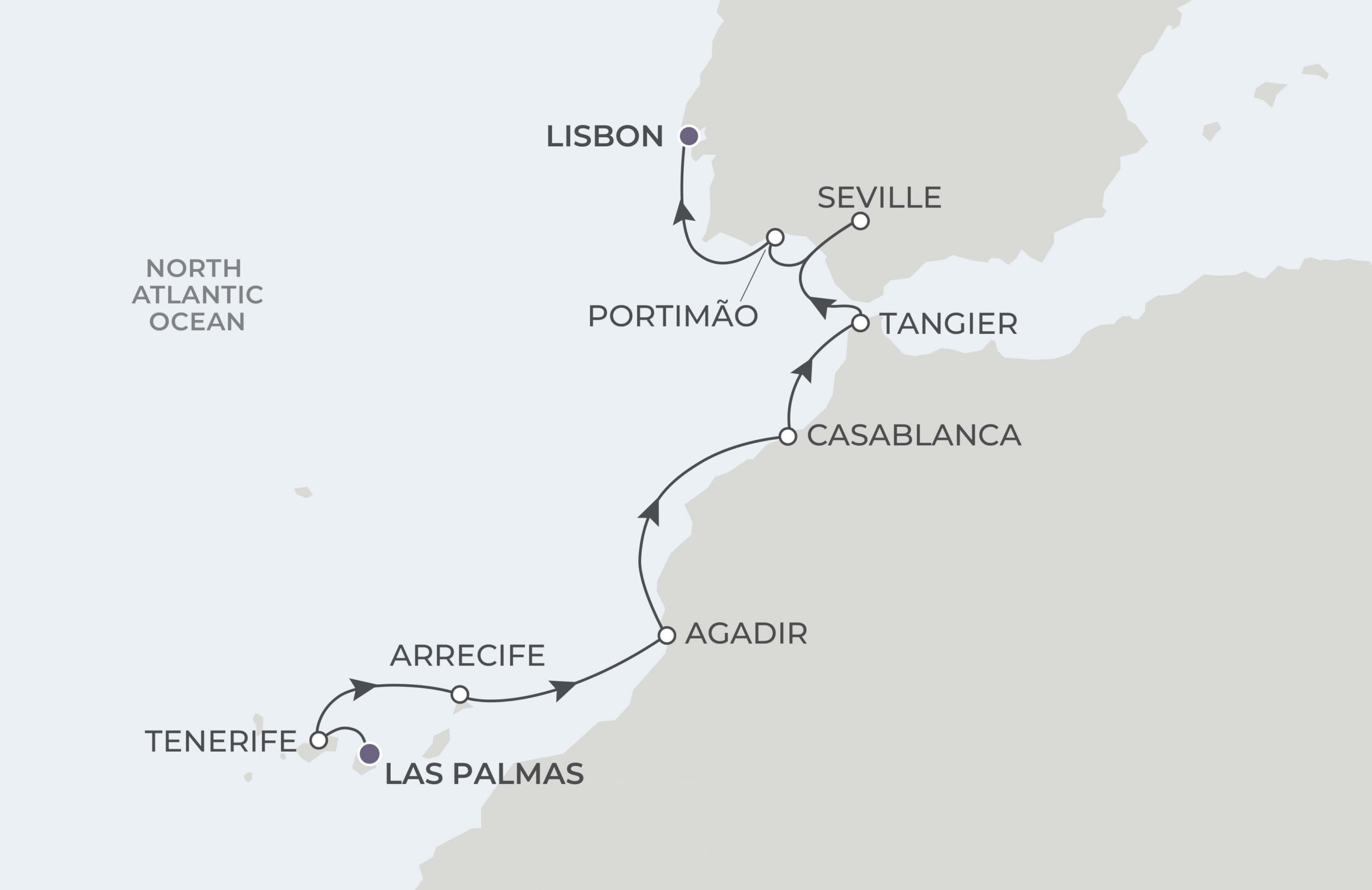 Map for 10-Night Las Palmas to Lisbon 4.27.27
