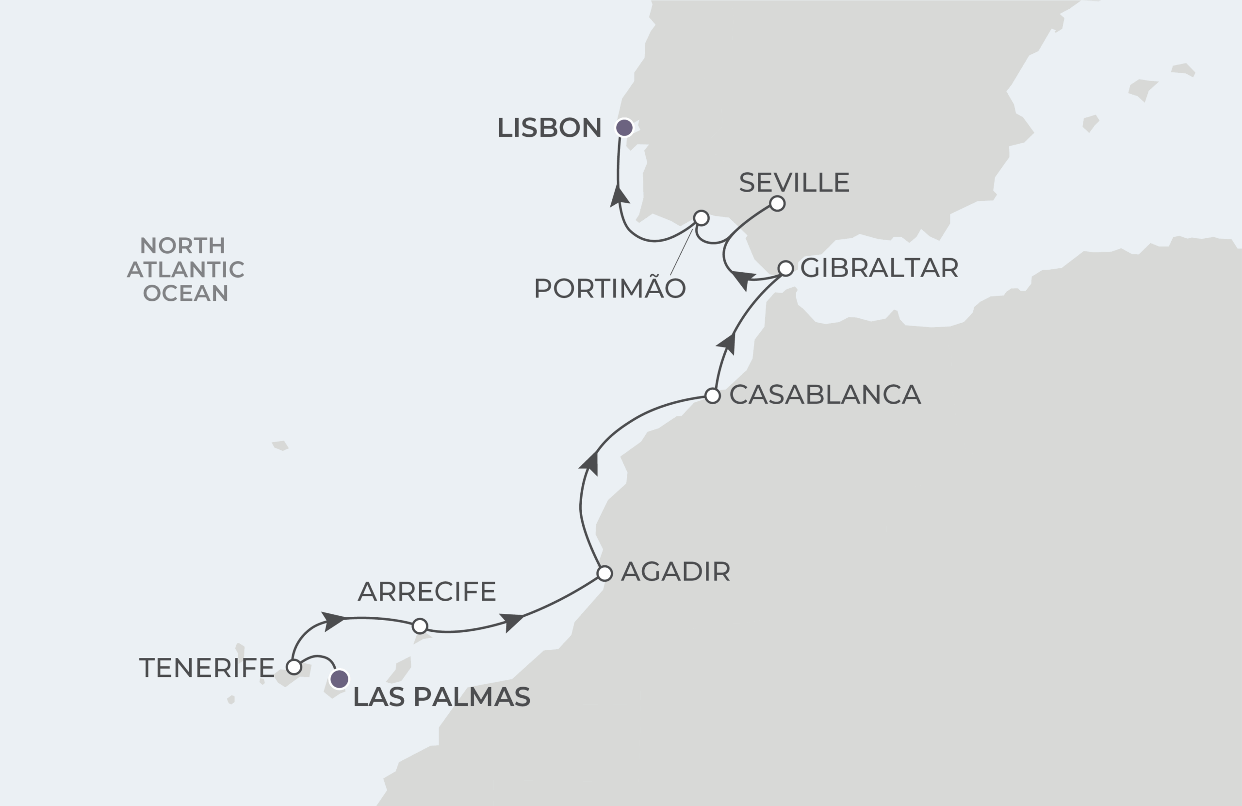 Map for 10-Night Las Palmas to Lisbon 4.27.27