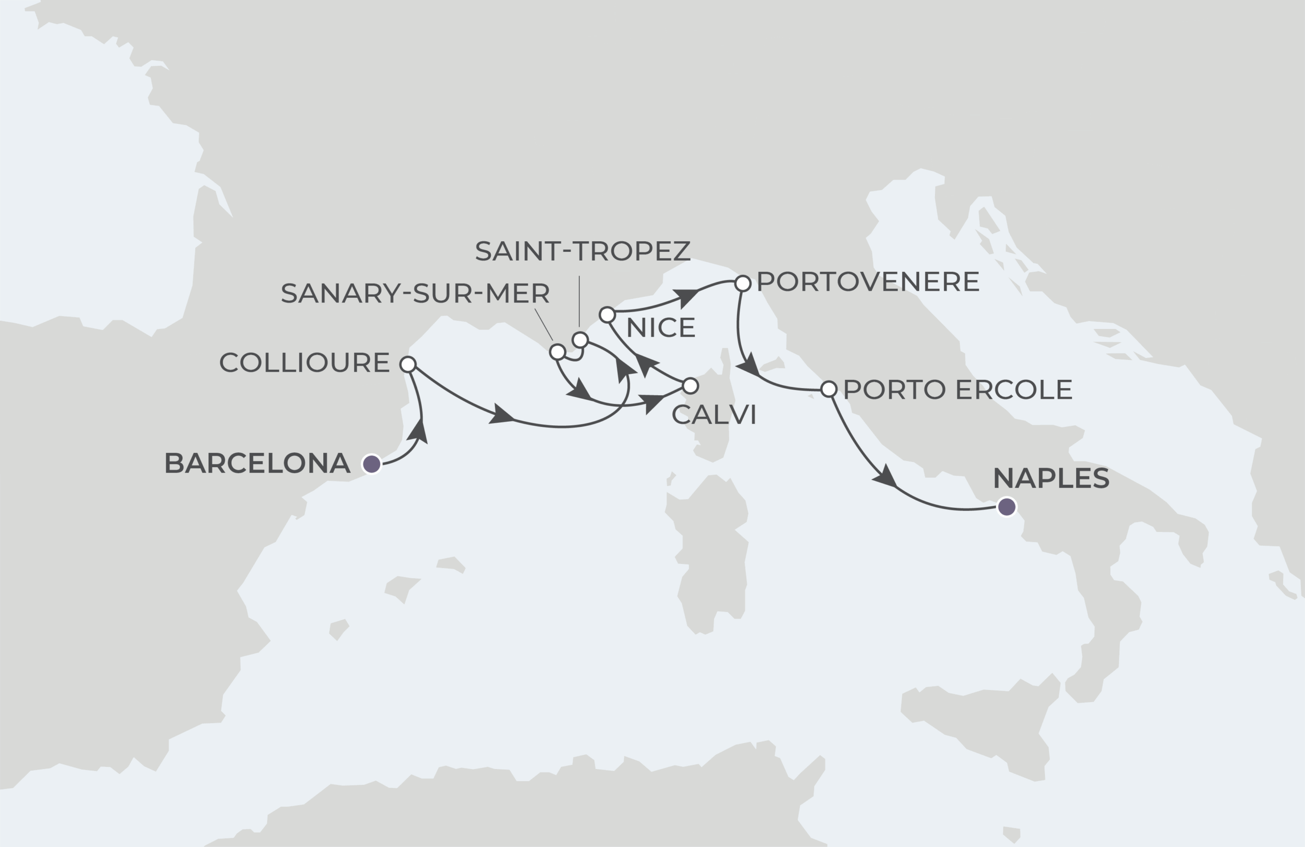 Map for 8-Night Barcelona to Naples 5.1.27