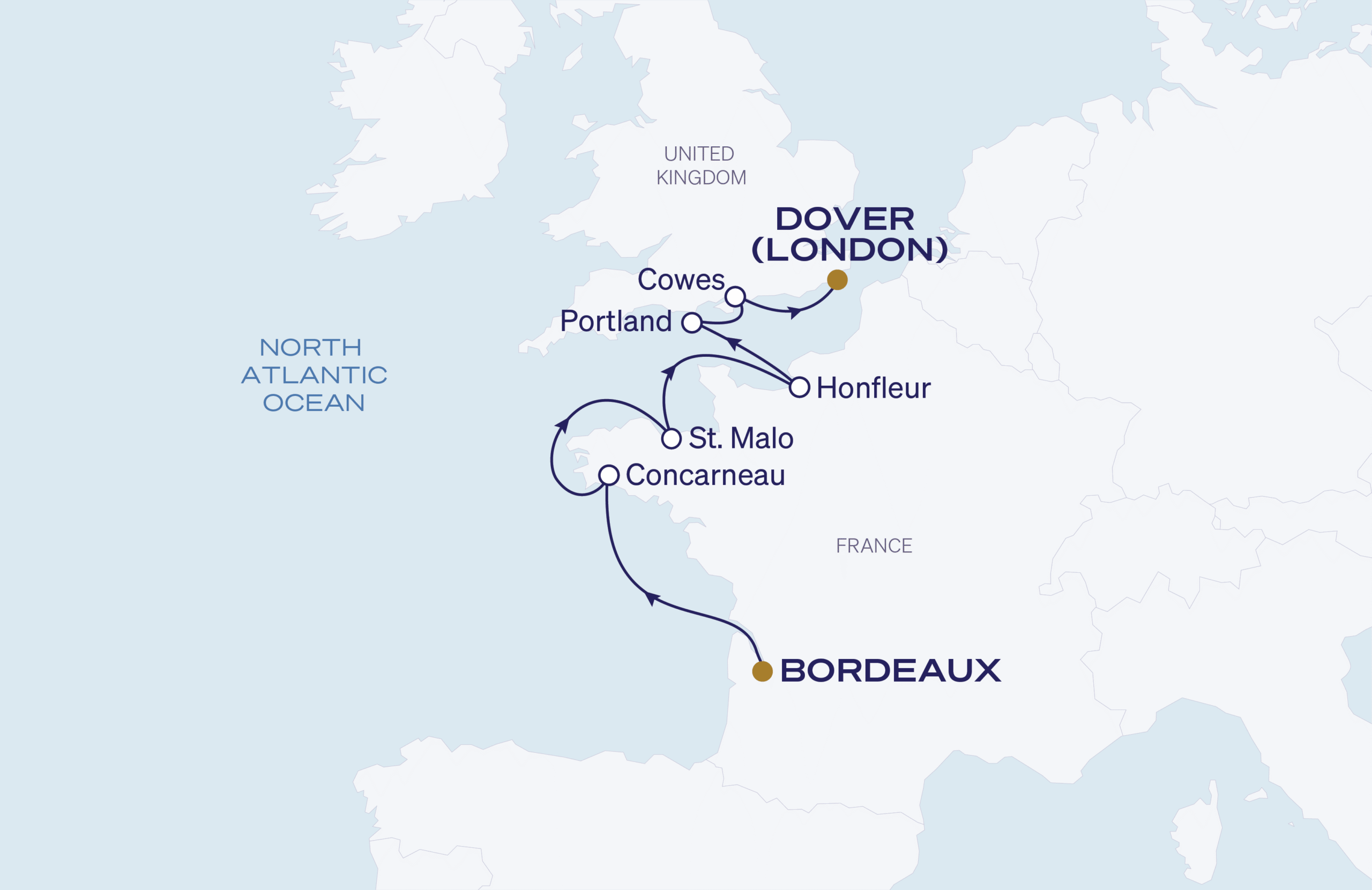 Map for 9-Night Bordeaux to Dover 5.14.27