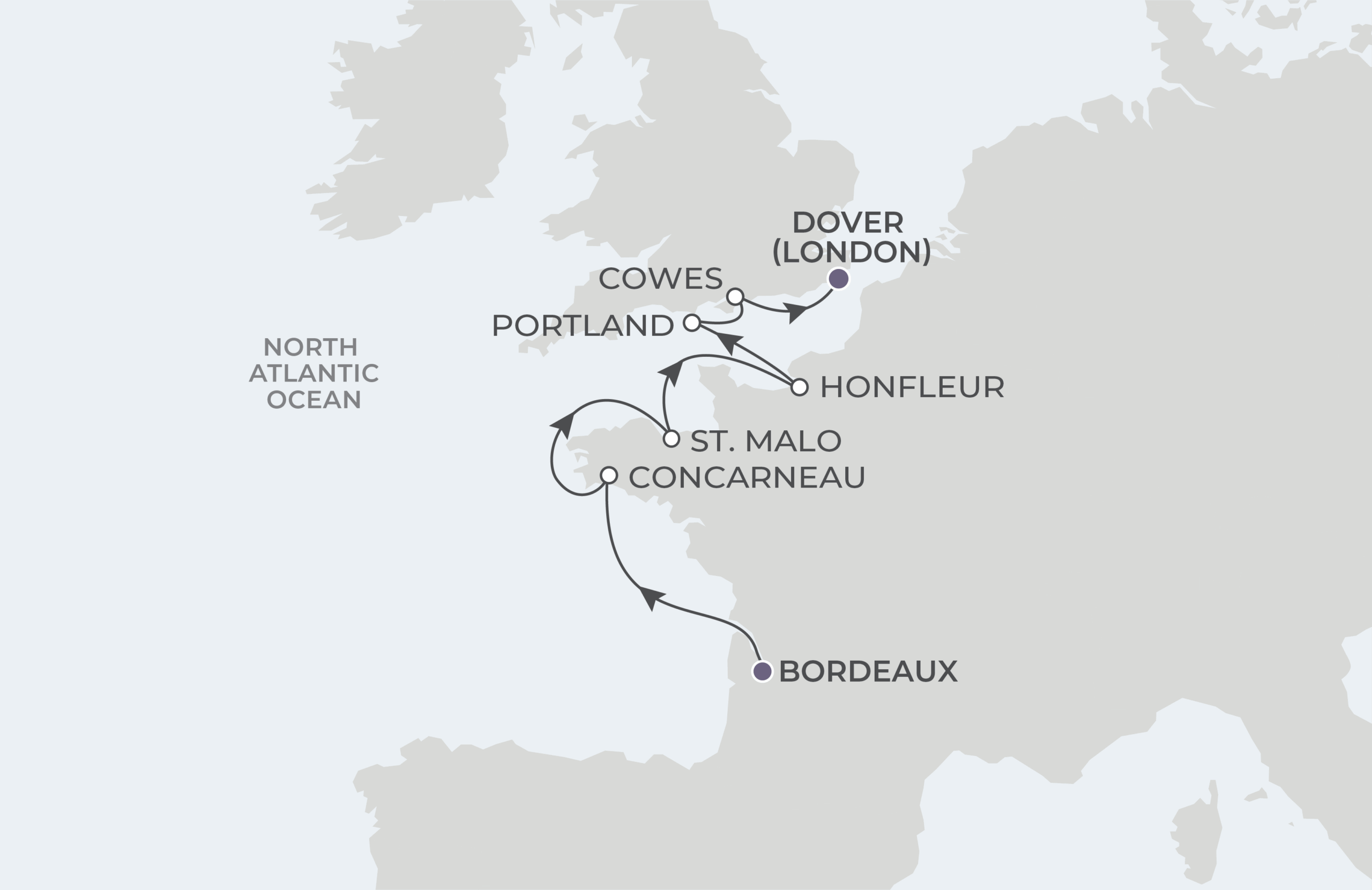 Map for 9-Night Bordeaux to Dover 5.14.27
