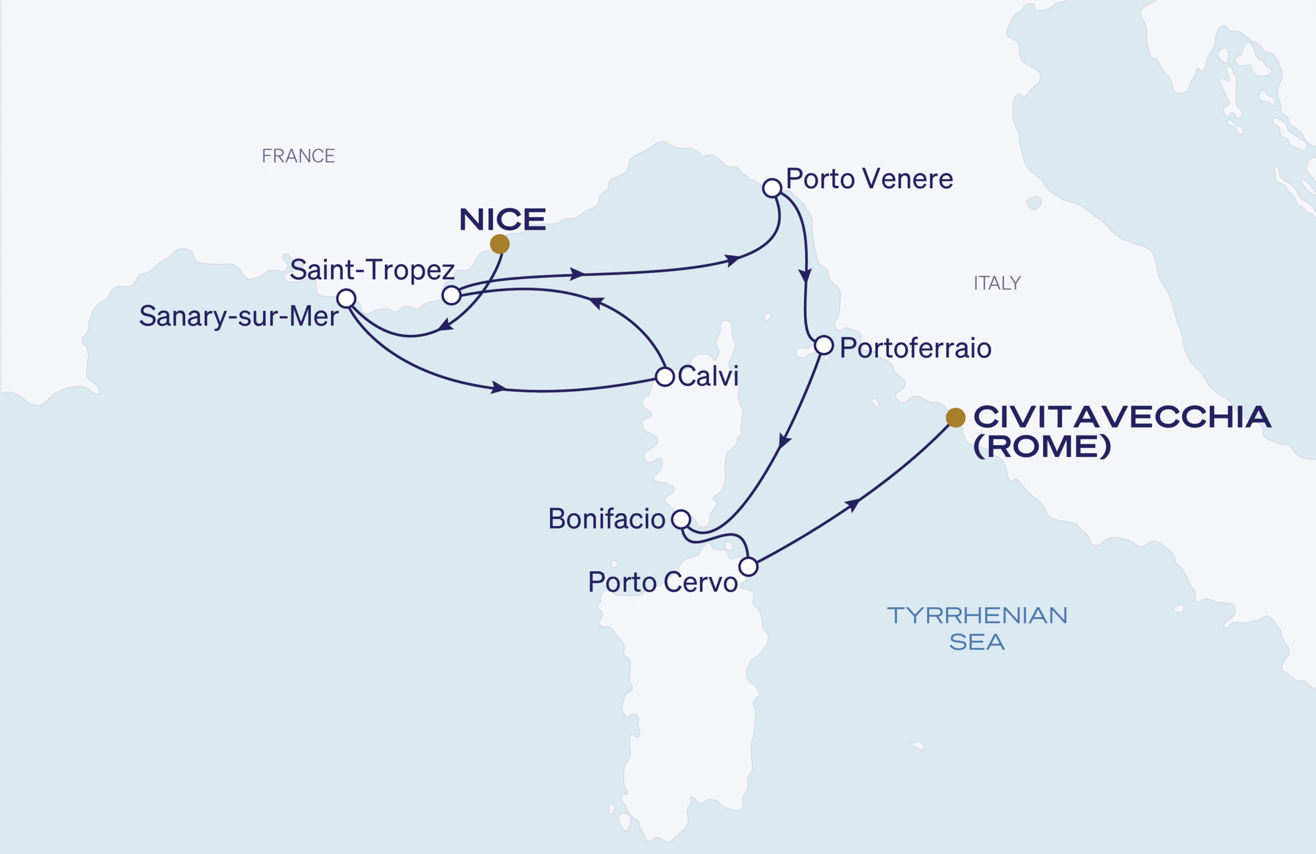 Map for 8-Night Nice to Rome 5.23.27