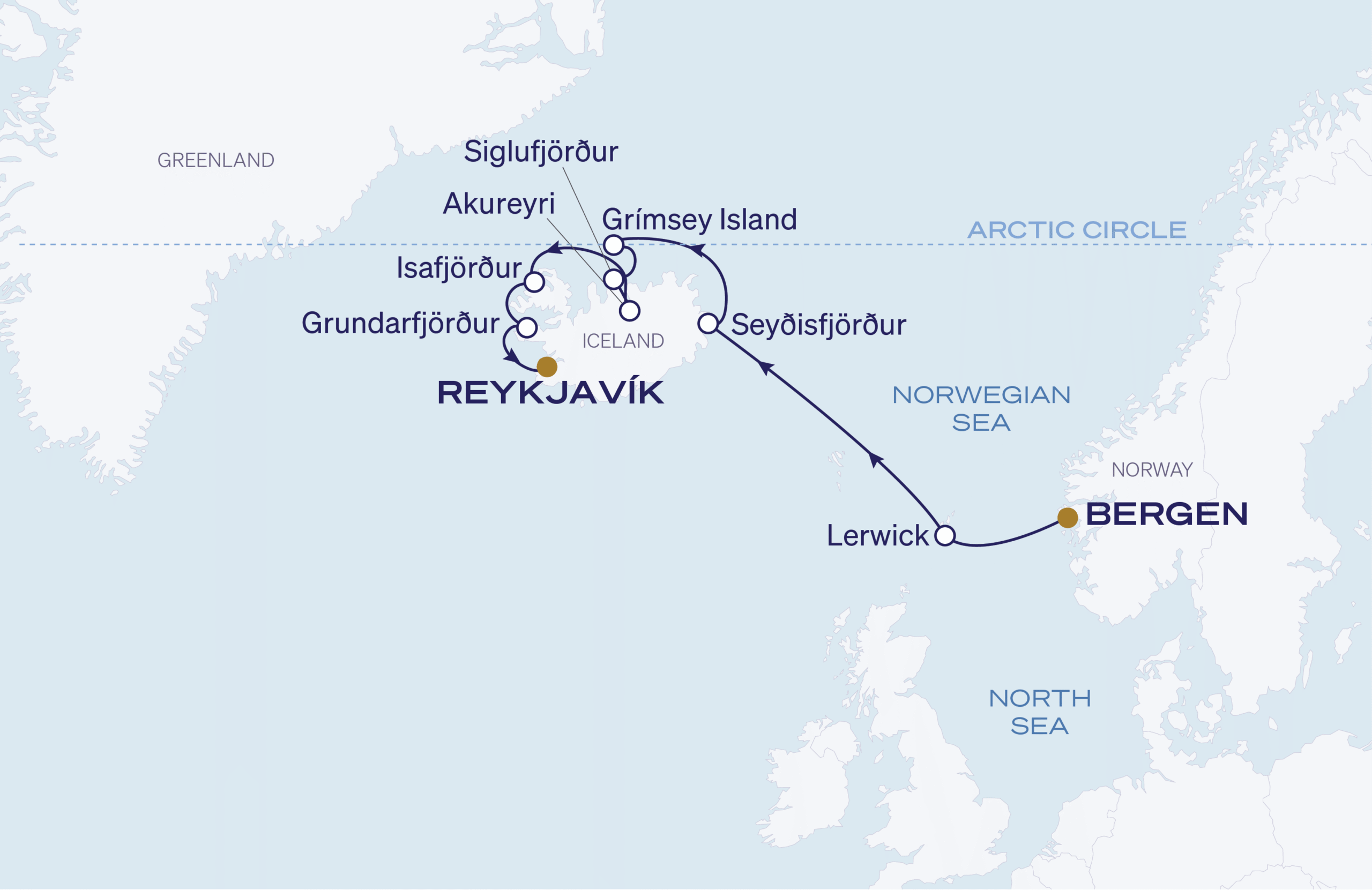 Map for 9-Night Bergen to Reykjavík 5.27.27