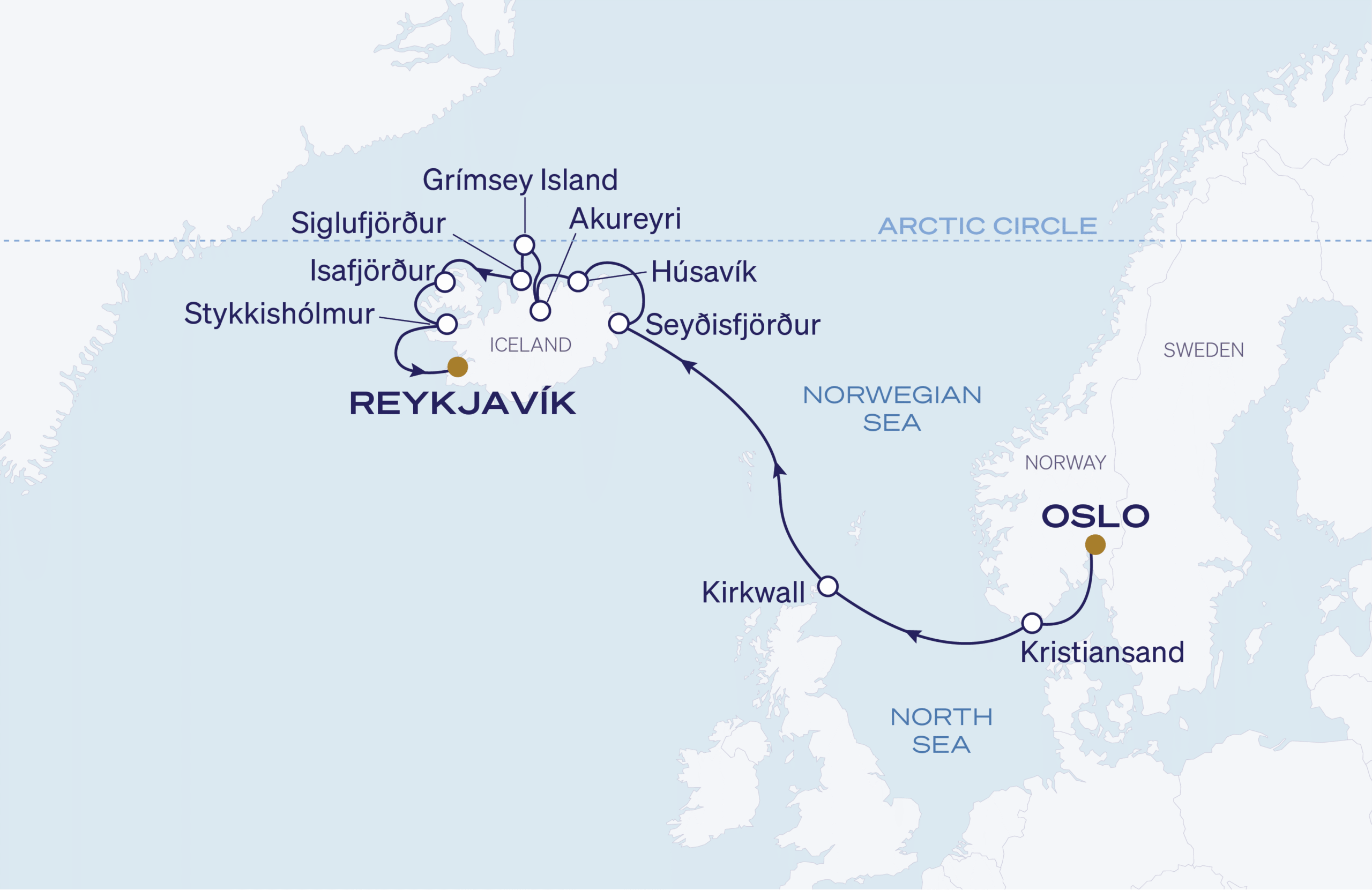 Map for 11-Night Oslo to Reykjavík 6.19.27