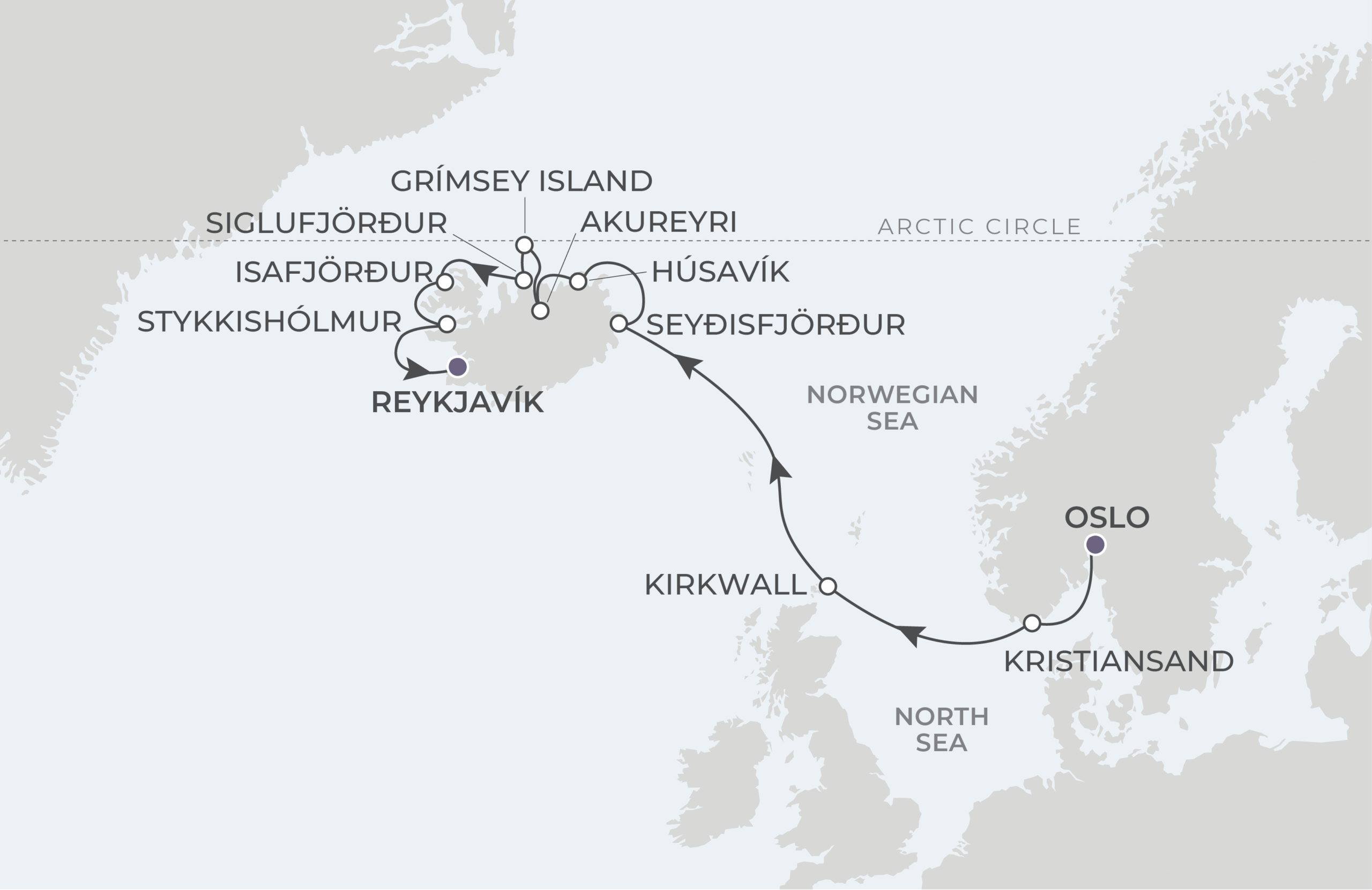 Map for 11-Night Oslo to Reykjavik 6.19.27