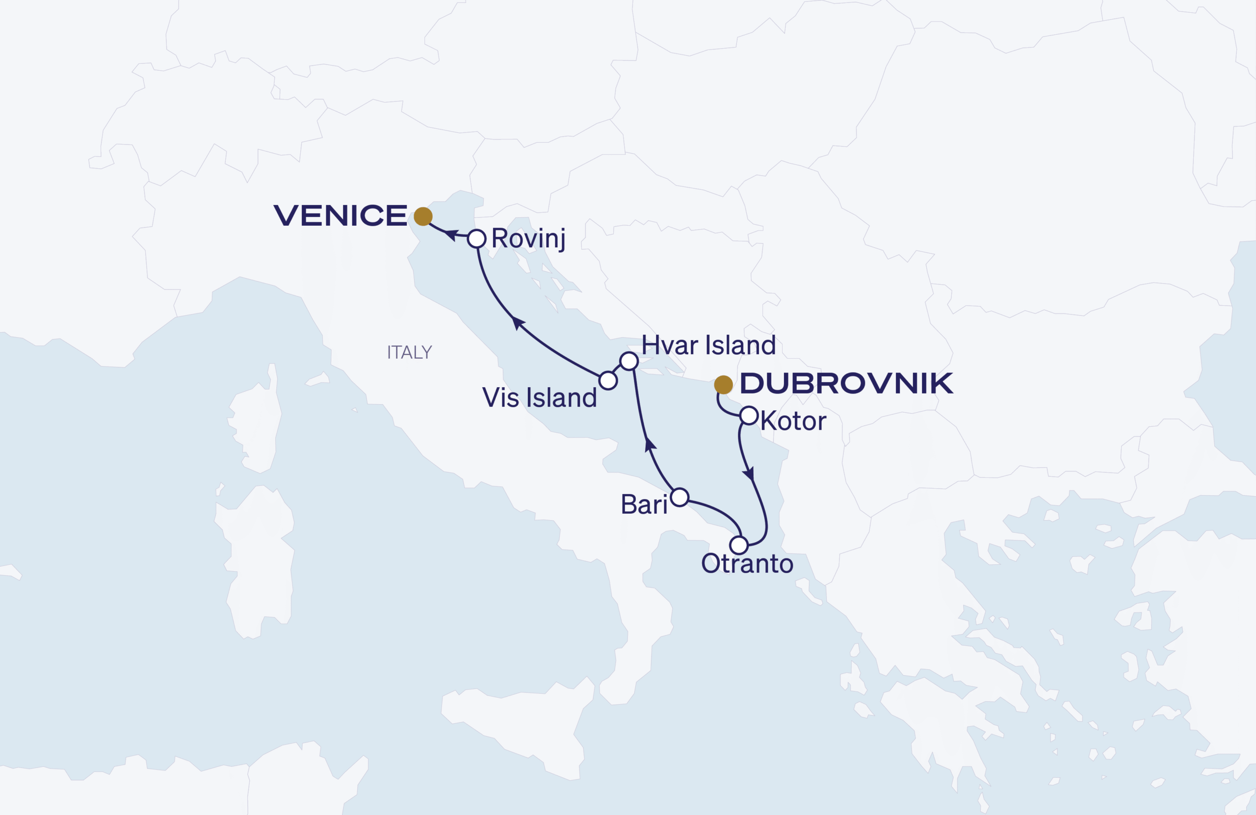 Map for 7-Night Dubrovnik to Venice 8.29.27