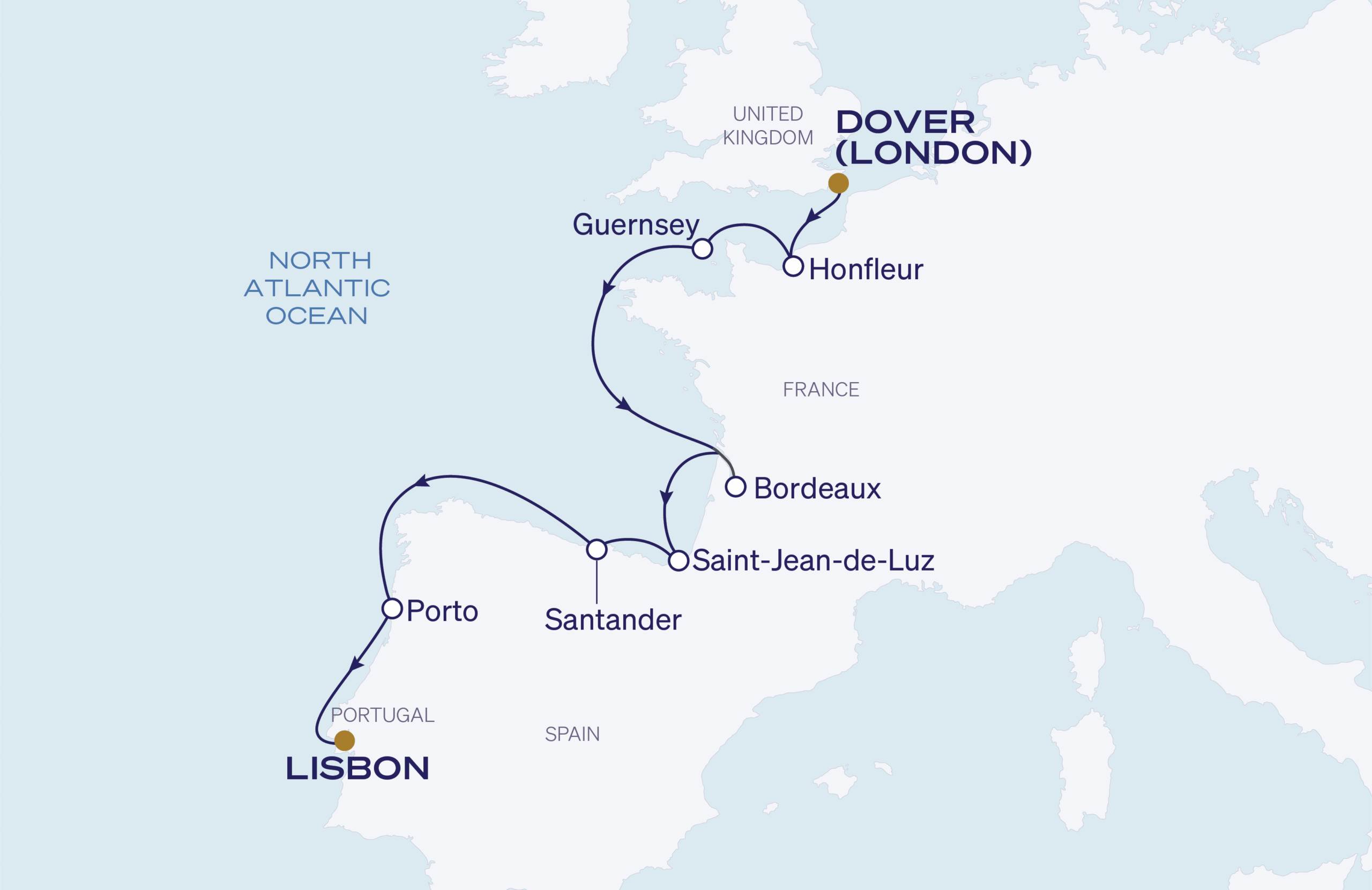 Map for 11-Night Dover to Lisbon 9.25.27