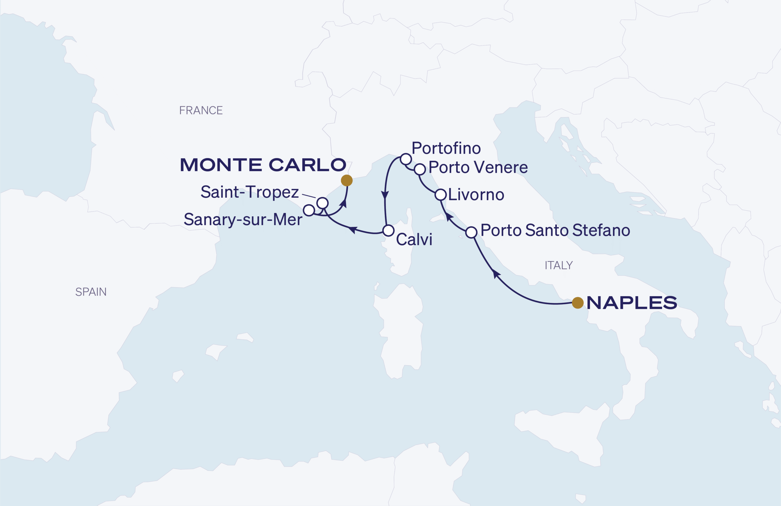 Map for 8-Night Naples to Monte Carlo 10.1.27