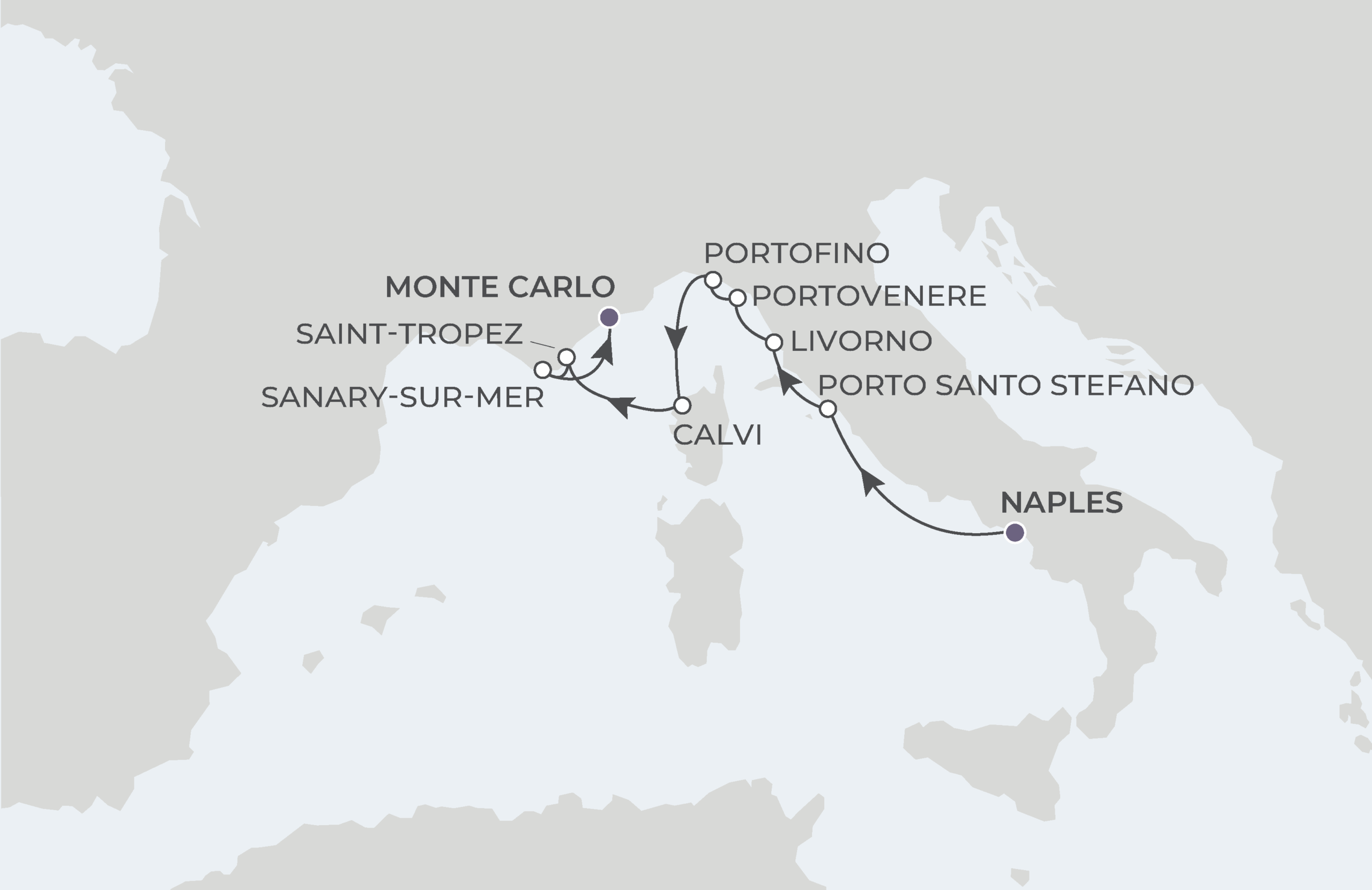 Map for 8-Night Naples to Monte Carlo 10.1.27