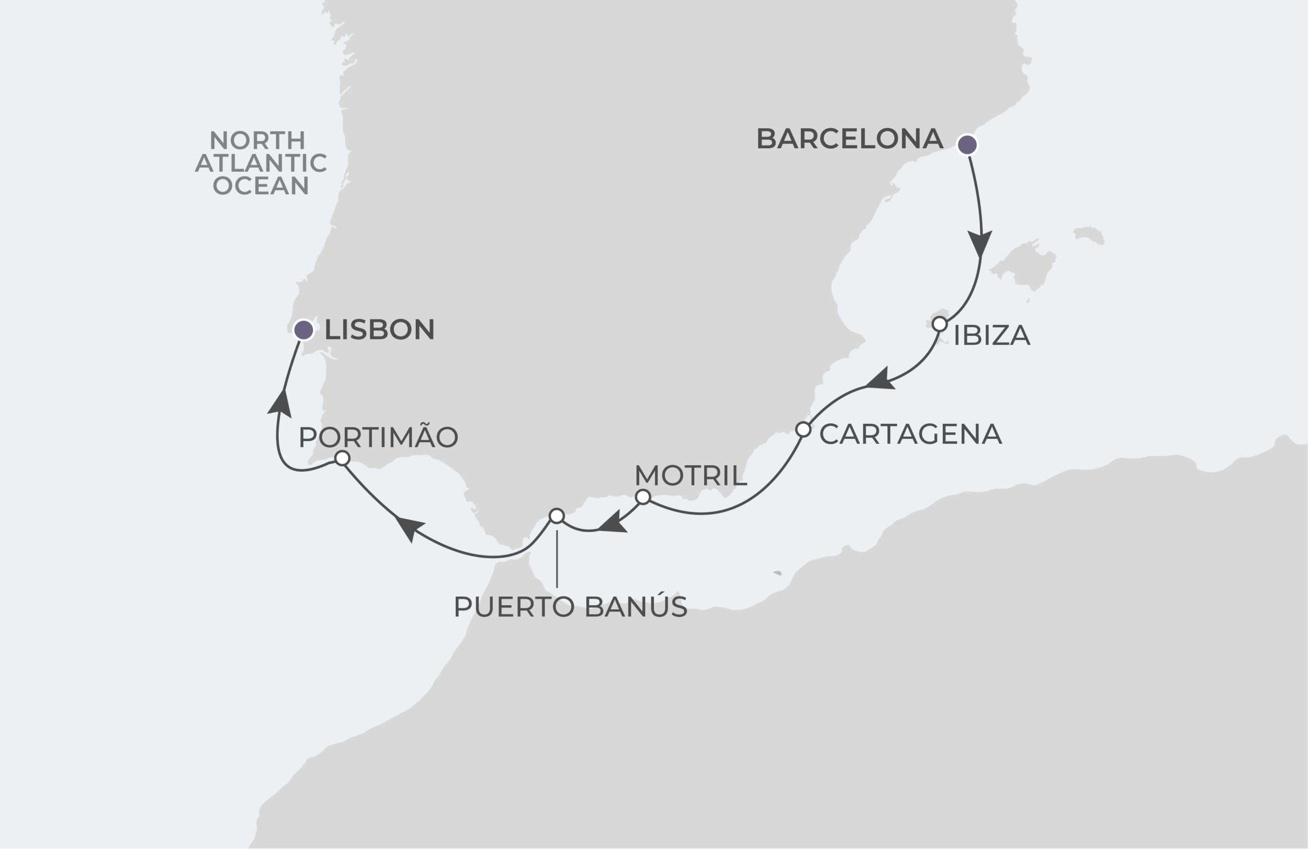 Map for 8-Night Barcelona to Lisbon 7.27.27