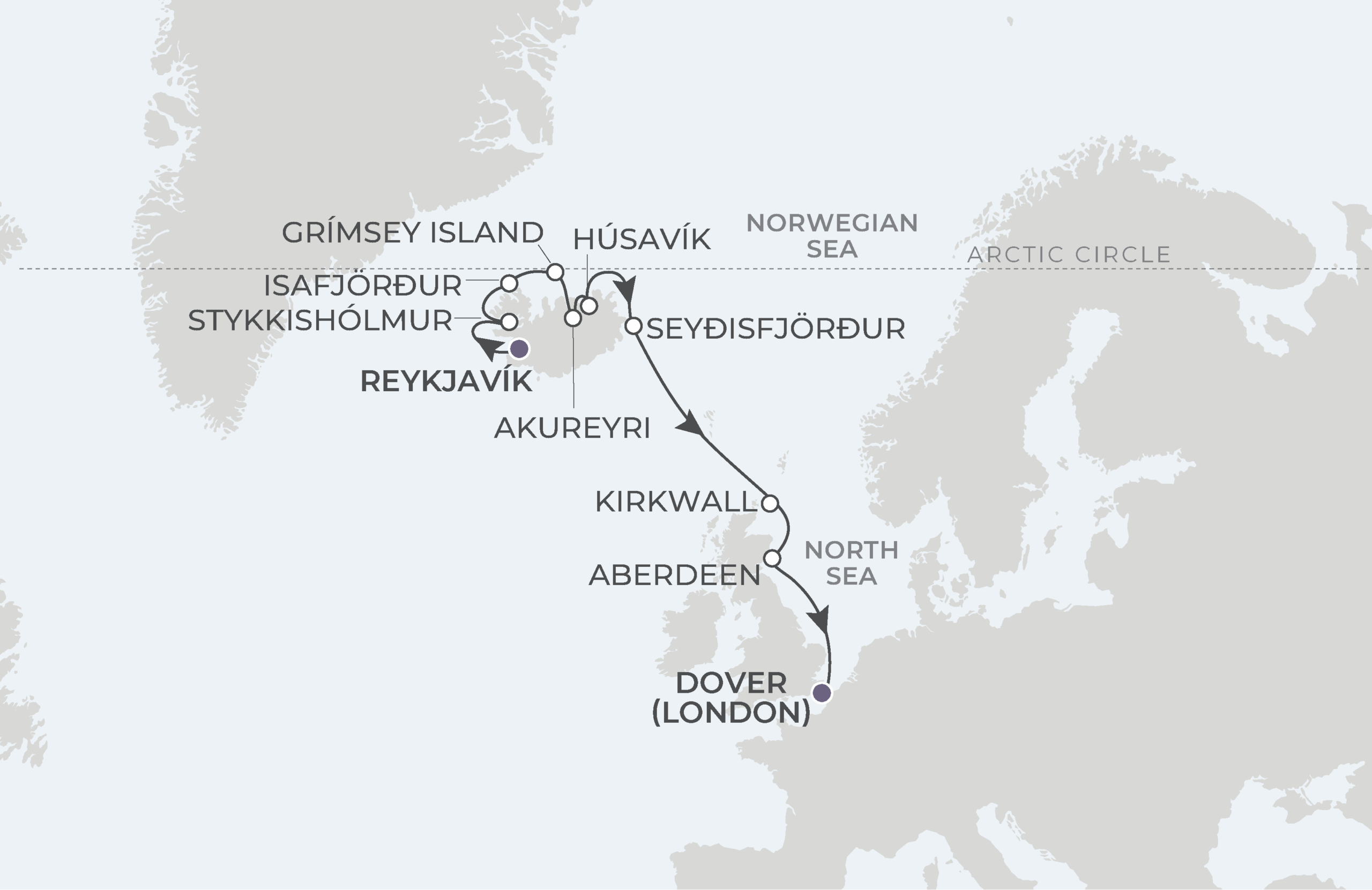 Map for 11-Night Reykjavik to Dover 9.14.27