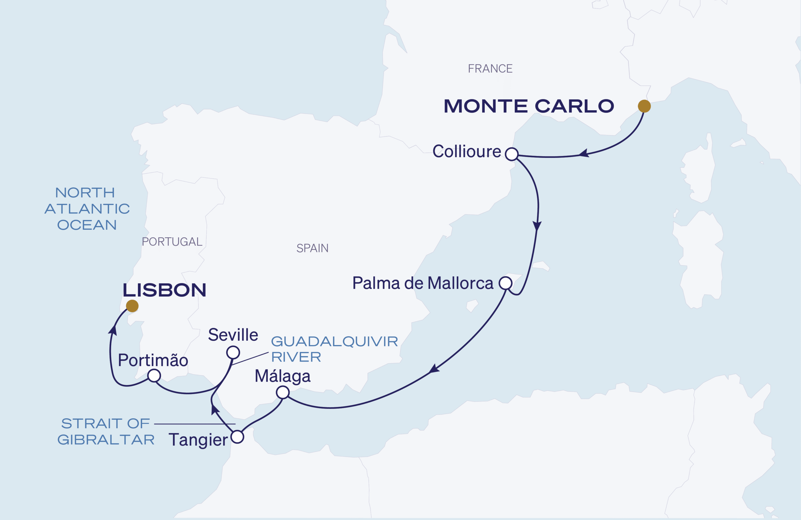 Map for 8-Night Monte Carlo to Lisbon 10.9.27