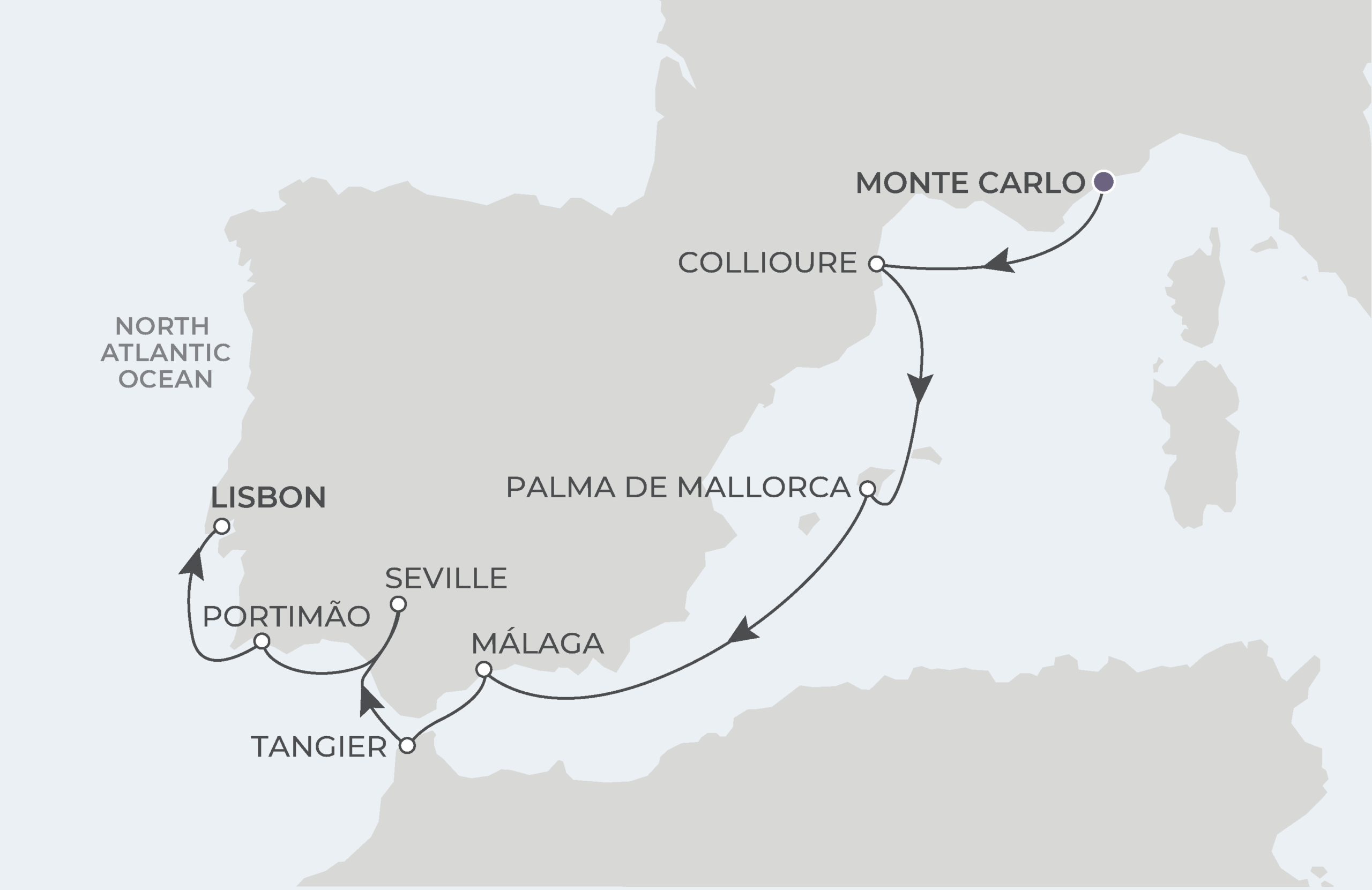 Map for 8-Night Monte Carlo to Lisbon 10.9.27
