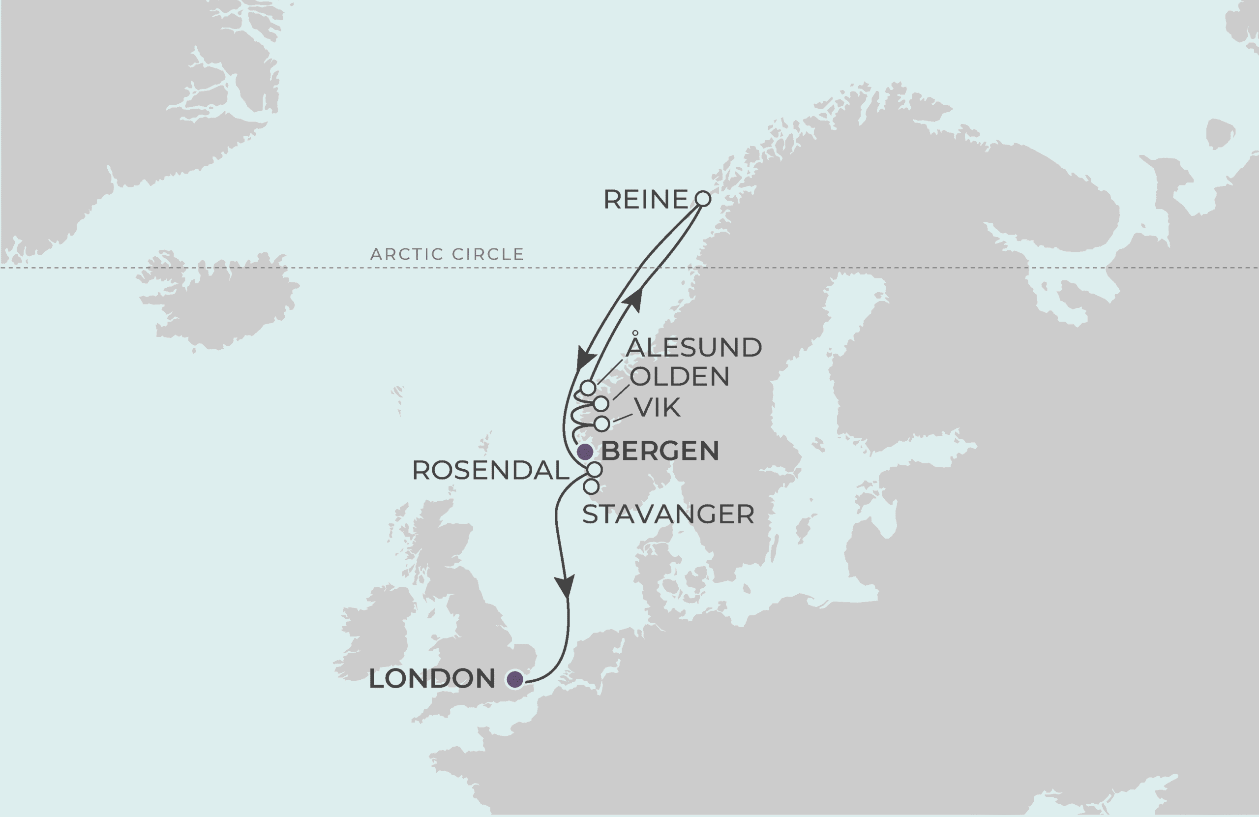 Map for 11-Night Bergen to London 6.4.26