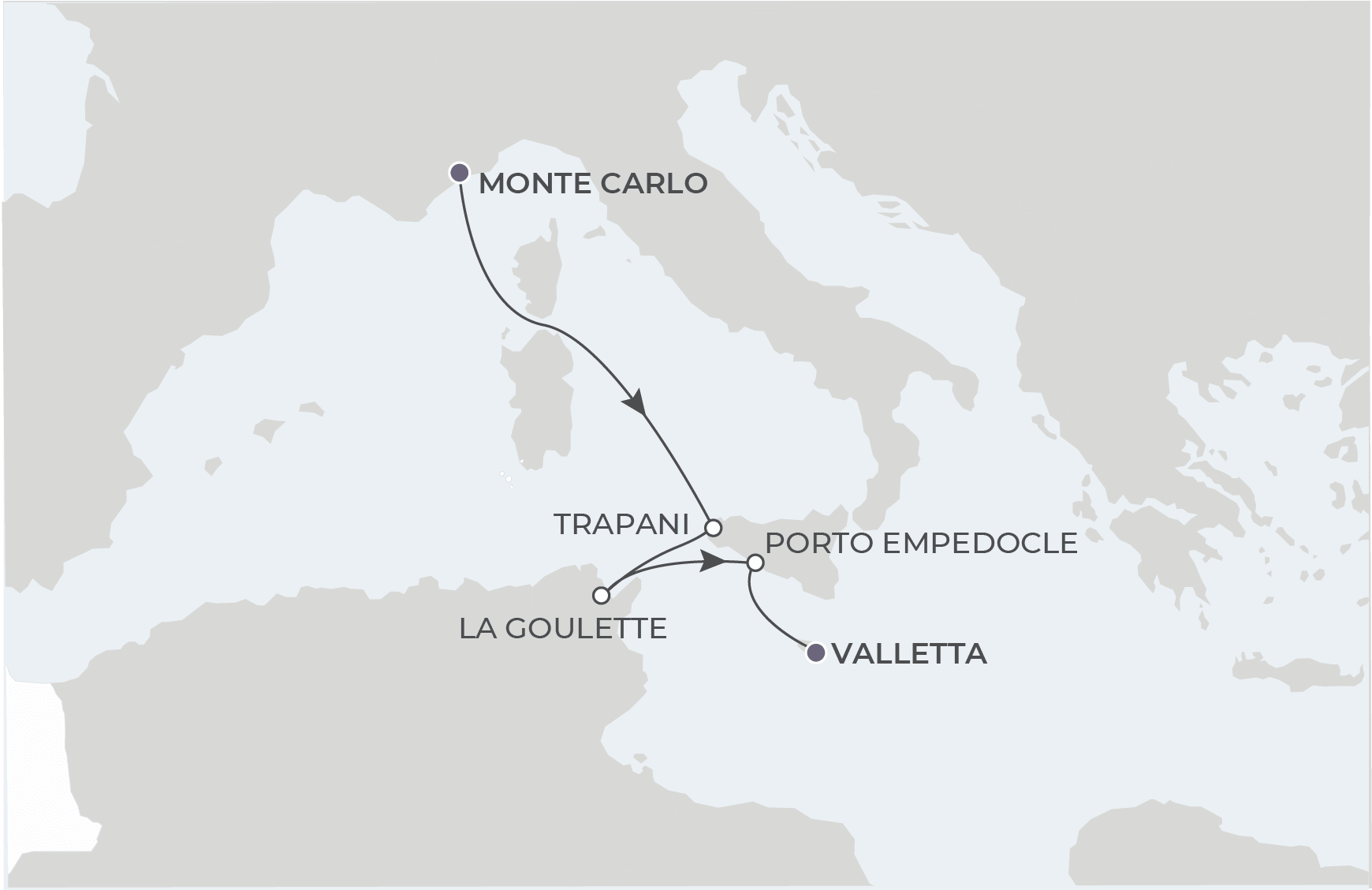 Map for 5-Night Monte Carlo to Valletta 8.16.26