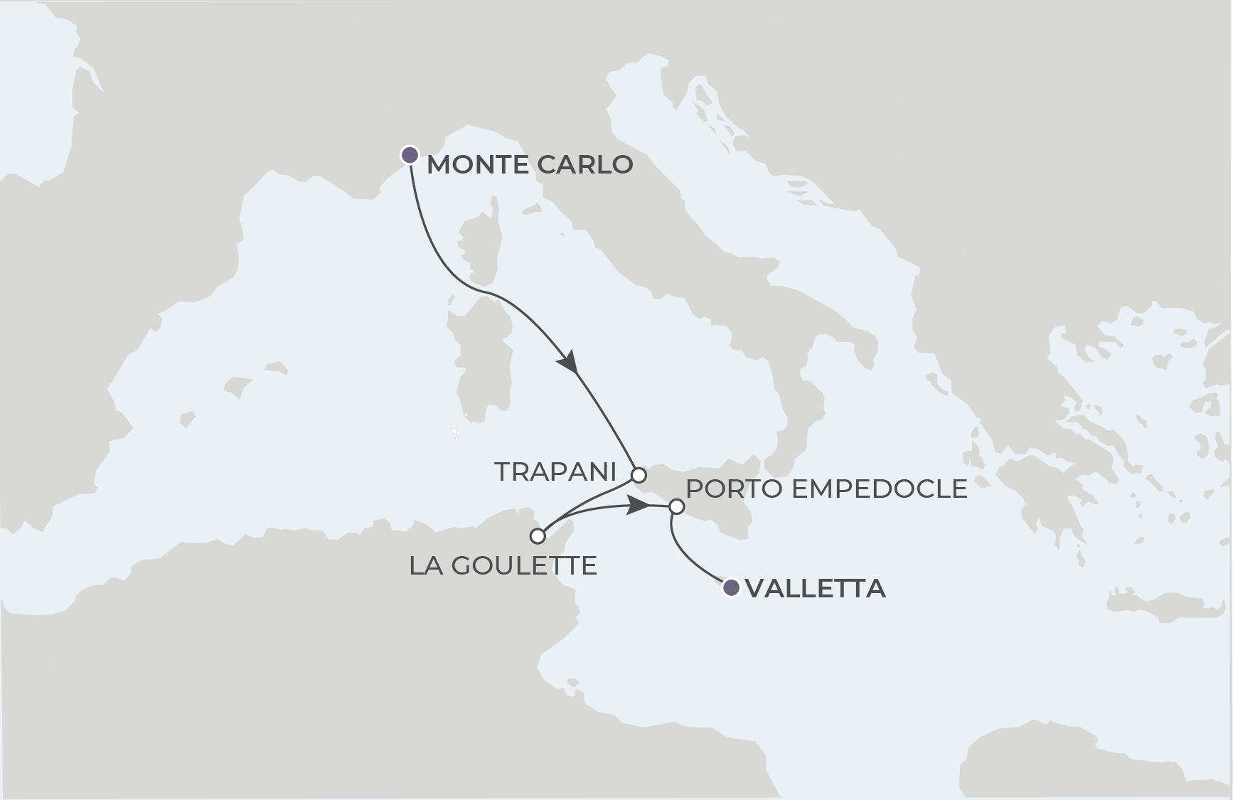 Map for 5-Night Monte Carlo to Valletta 8.16.26