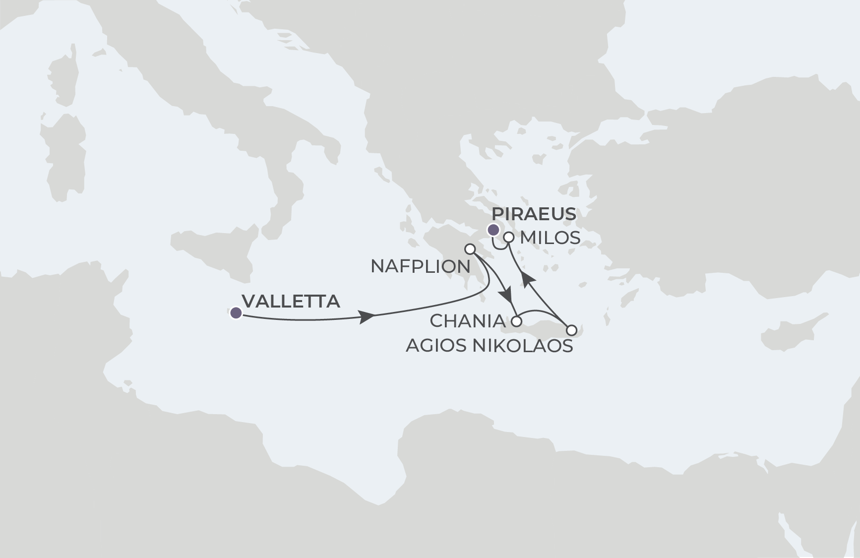 Map for 6-Night Valletta to Athens 8.21.26