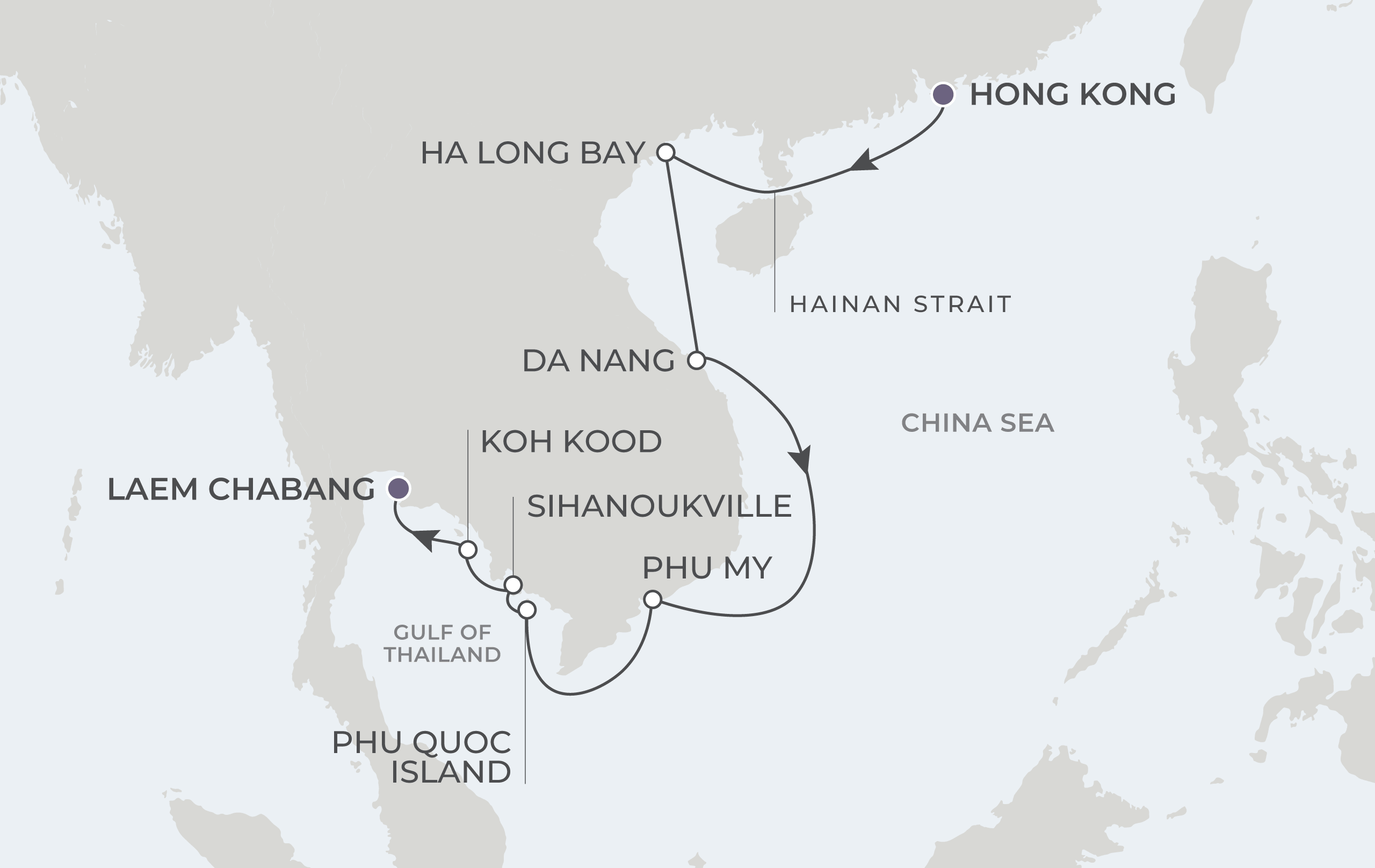 Map for 13-Night Hong Kong to Bangkok 12.10.28