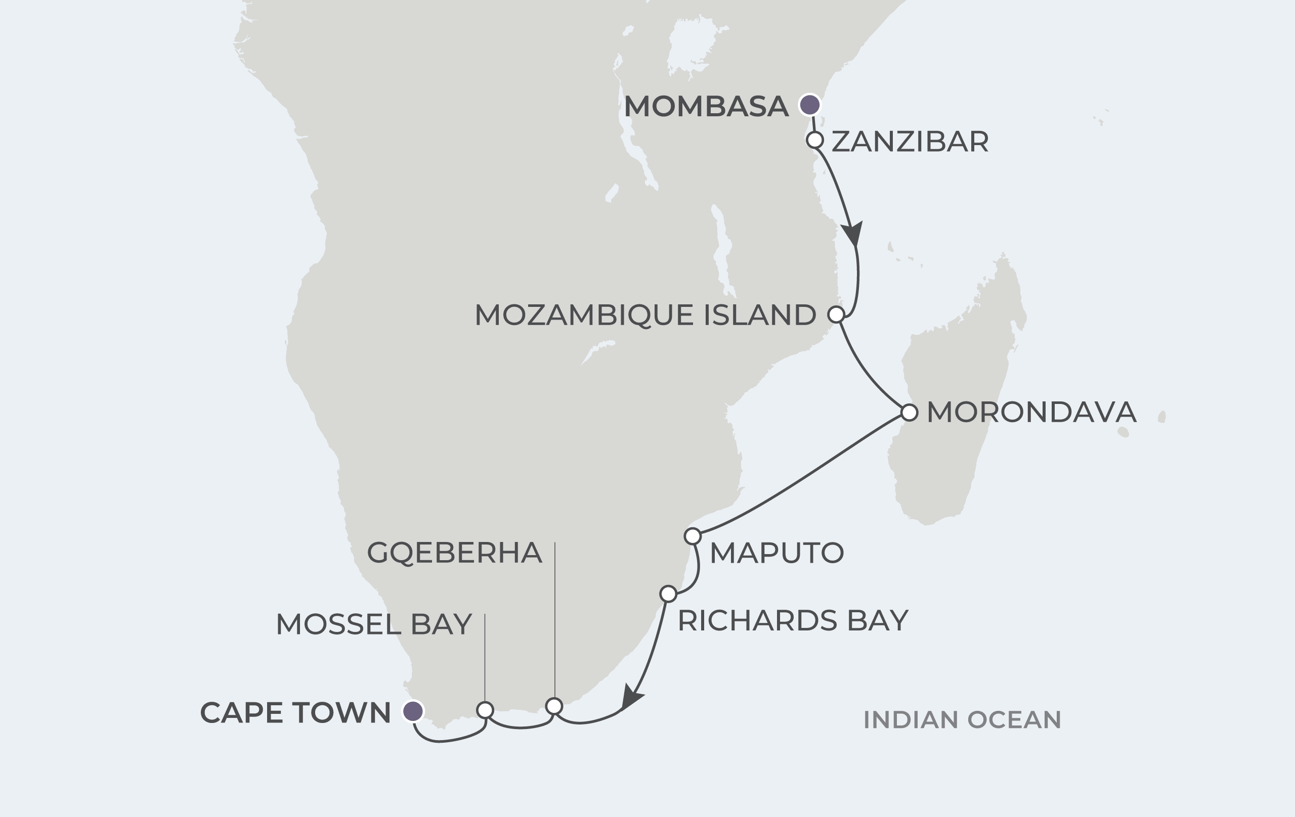 Map for 14-Night Mombasa to Cape Town 3.24.29