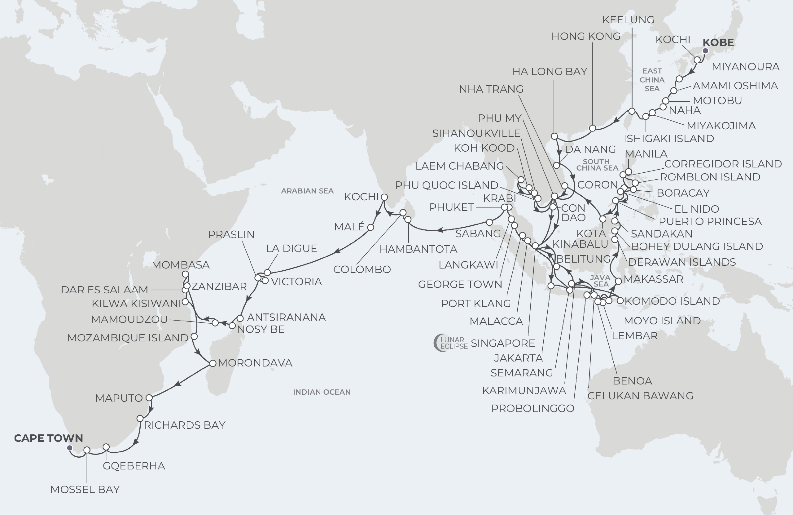 Map for 128-Night Kobe to Cape Town 11.30.28