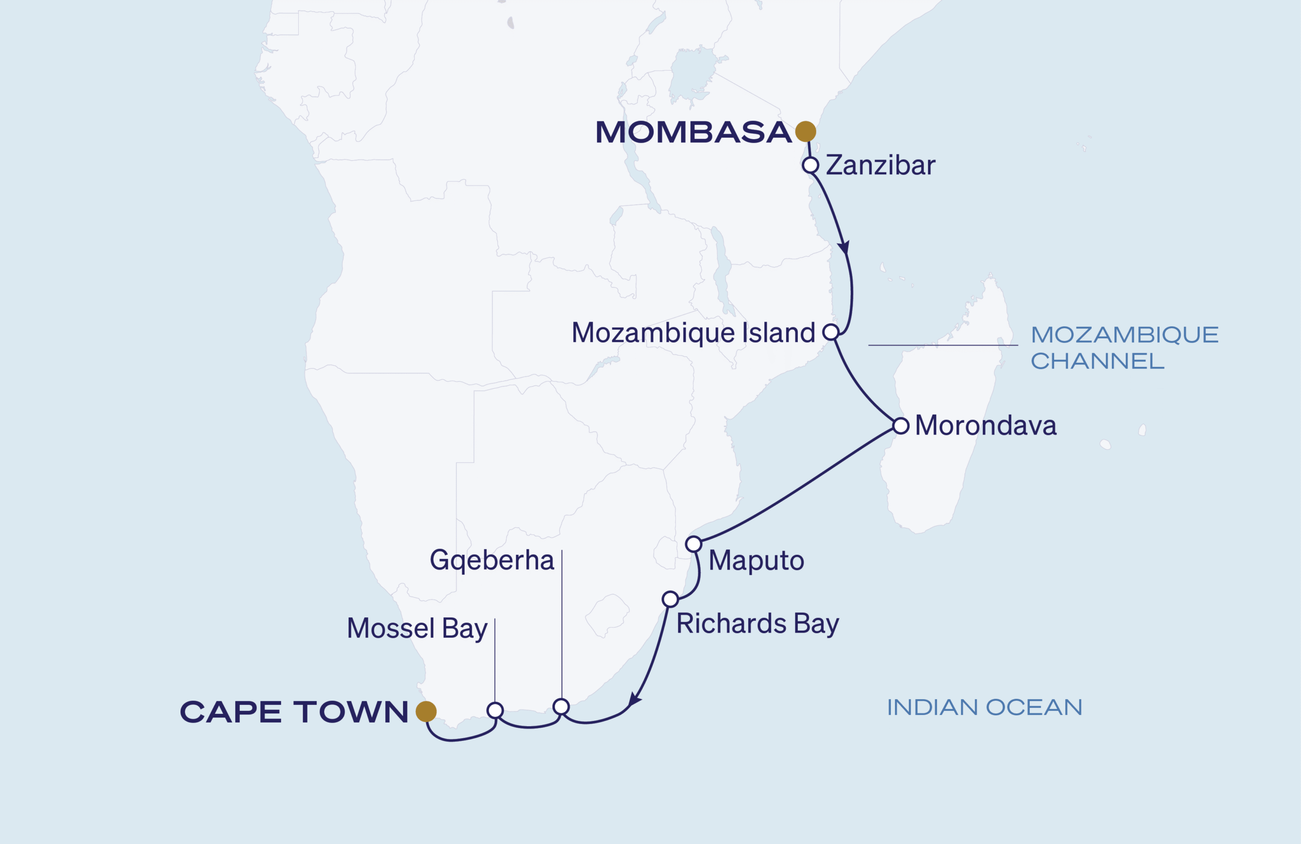 Map for 14-Night Mombasa to Cape Town 3.24.29