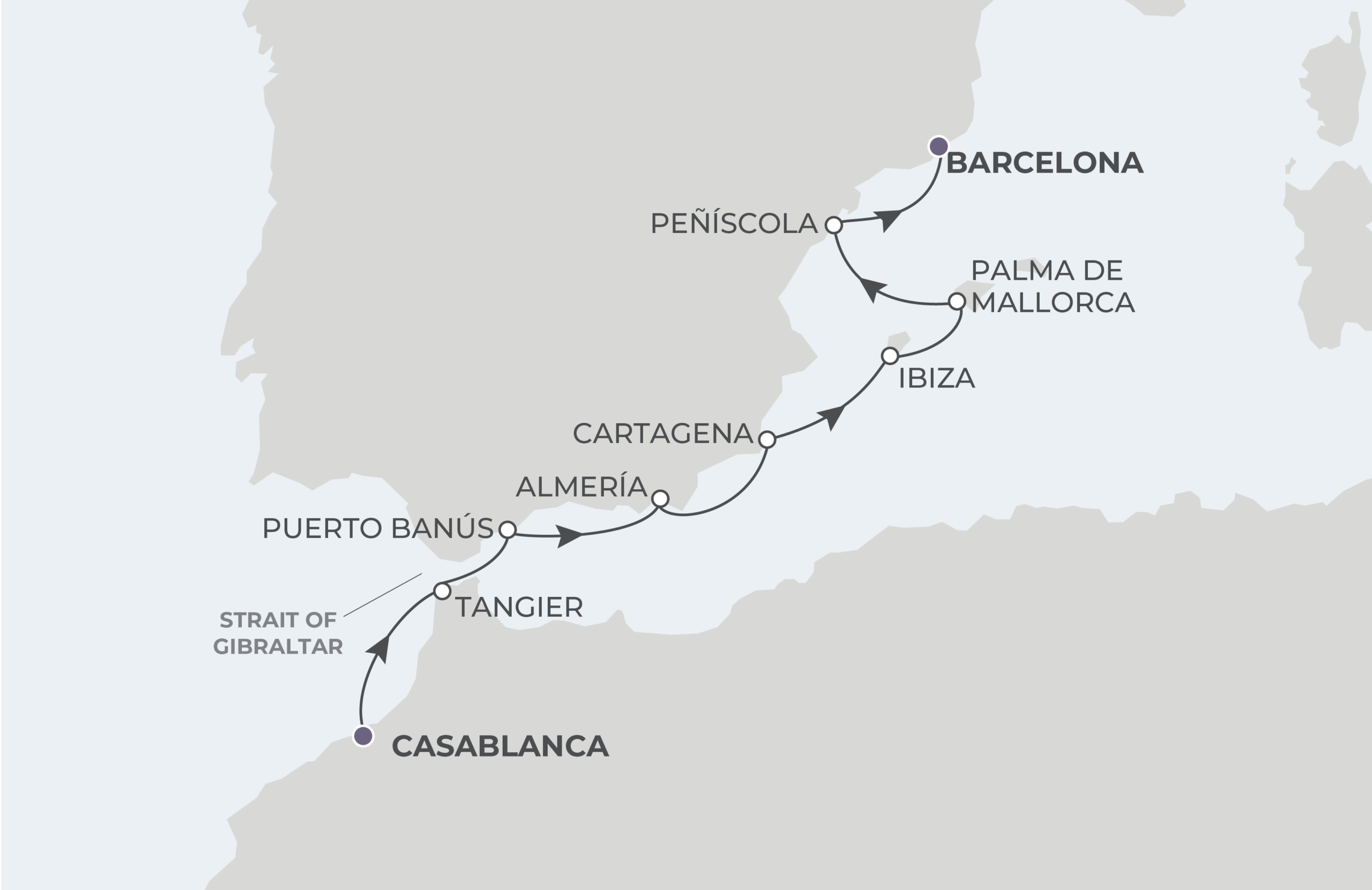 Map for 8-Night Casablanca to Barcelona 4.5.28