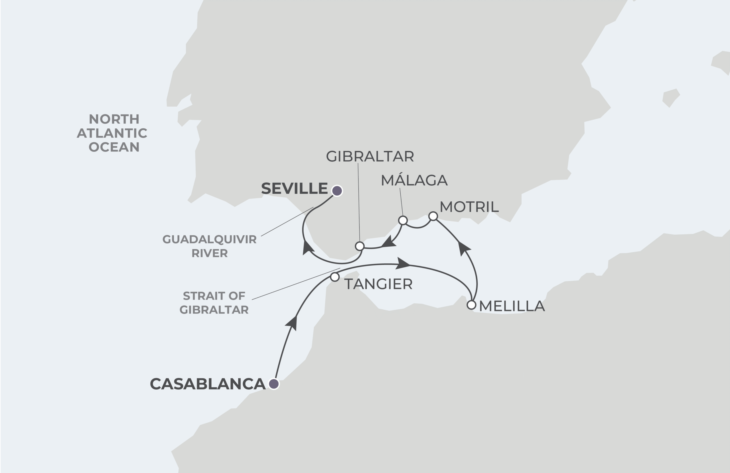Map for 7-Night Casablanca to Seville 4.7.28
