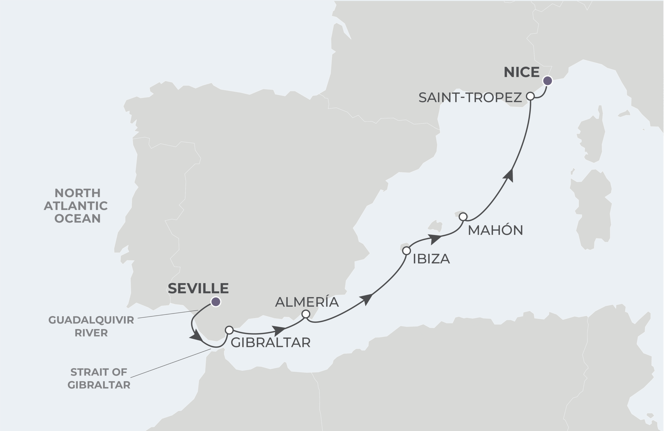 Map for 7-Night Seville to Nice 4.14.28