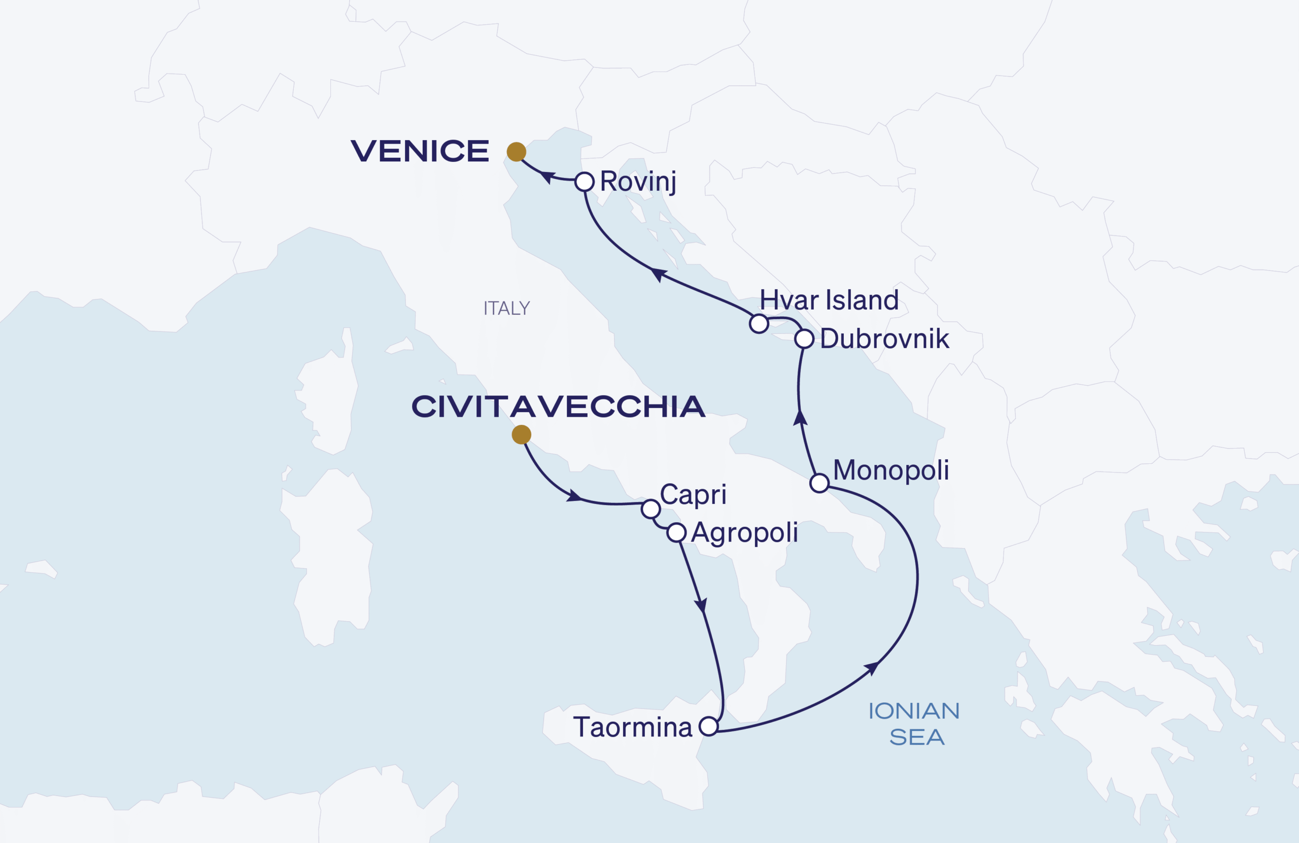 Map for 10-Night Rome to Venice 5.12.28