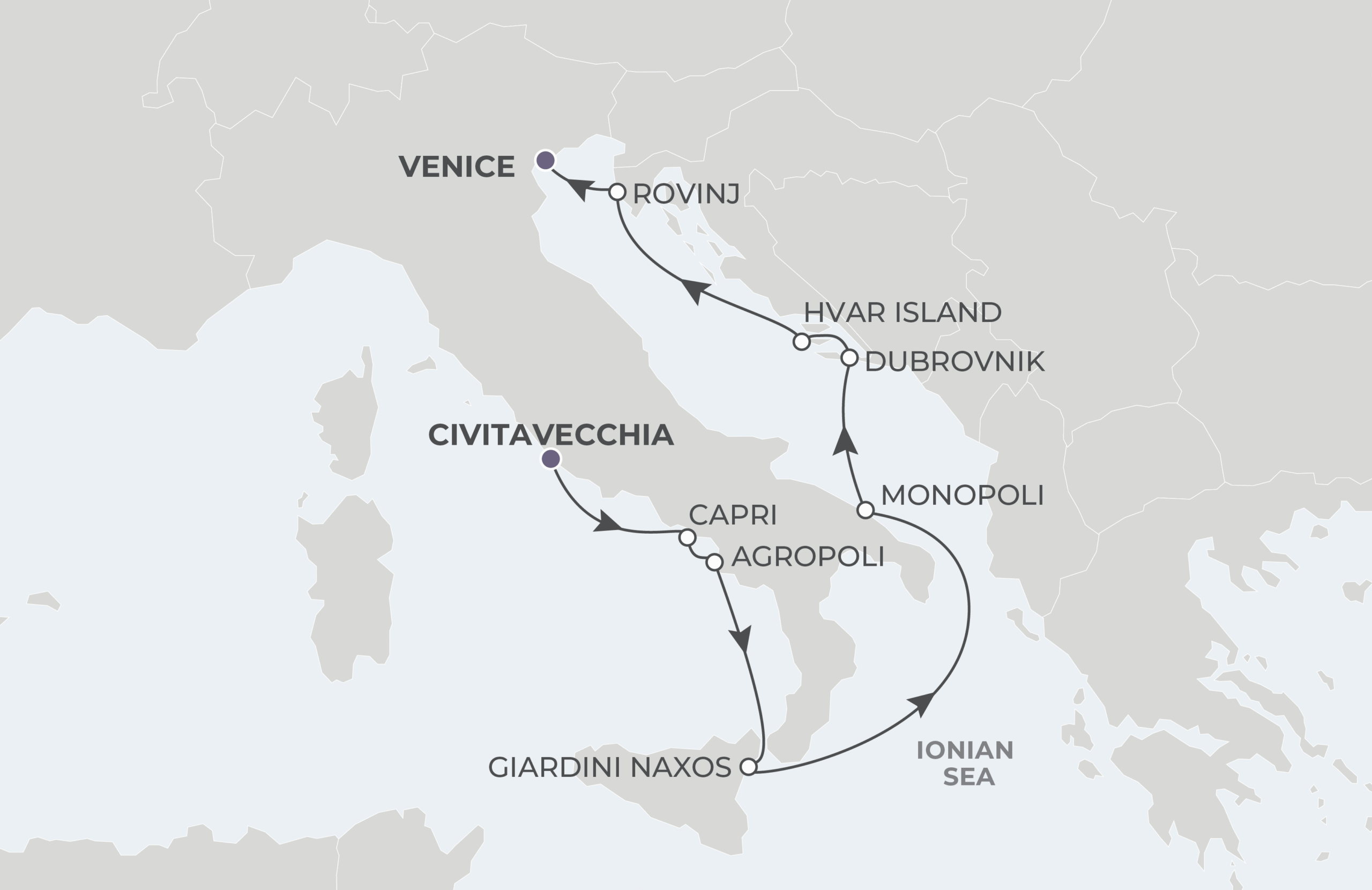 Map for 10-Night Civitavecchia to Venice 5.12.28
