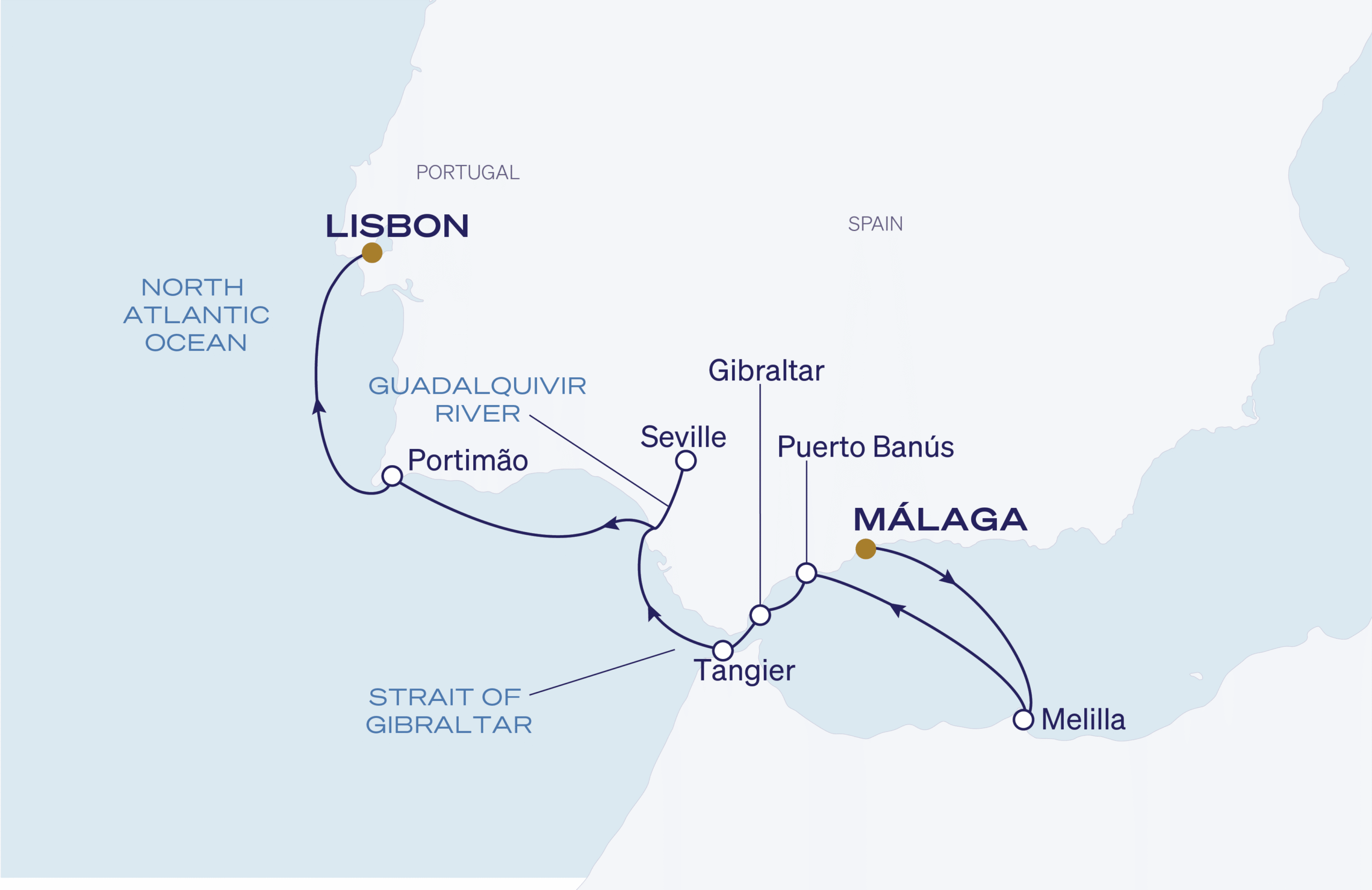 Map for 8-Night Malaga to Lisbon 5.14.28