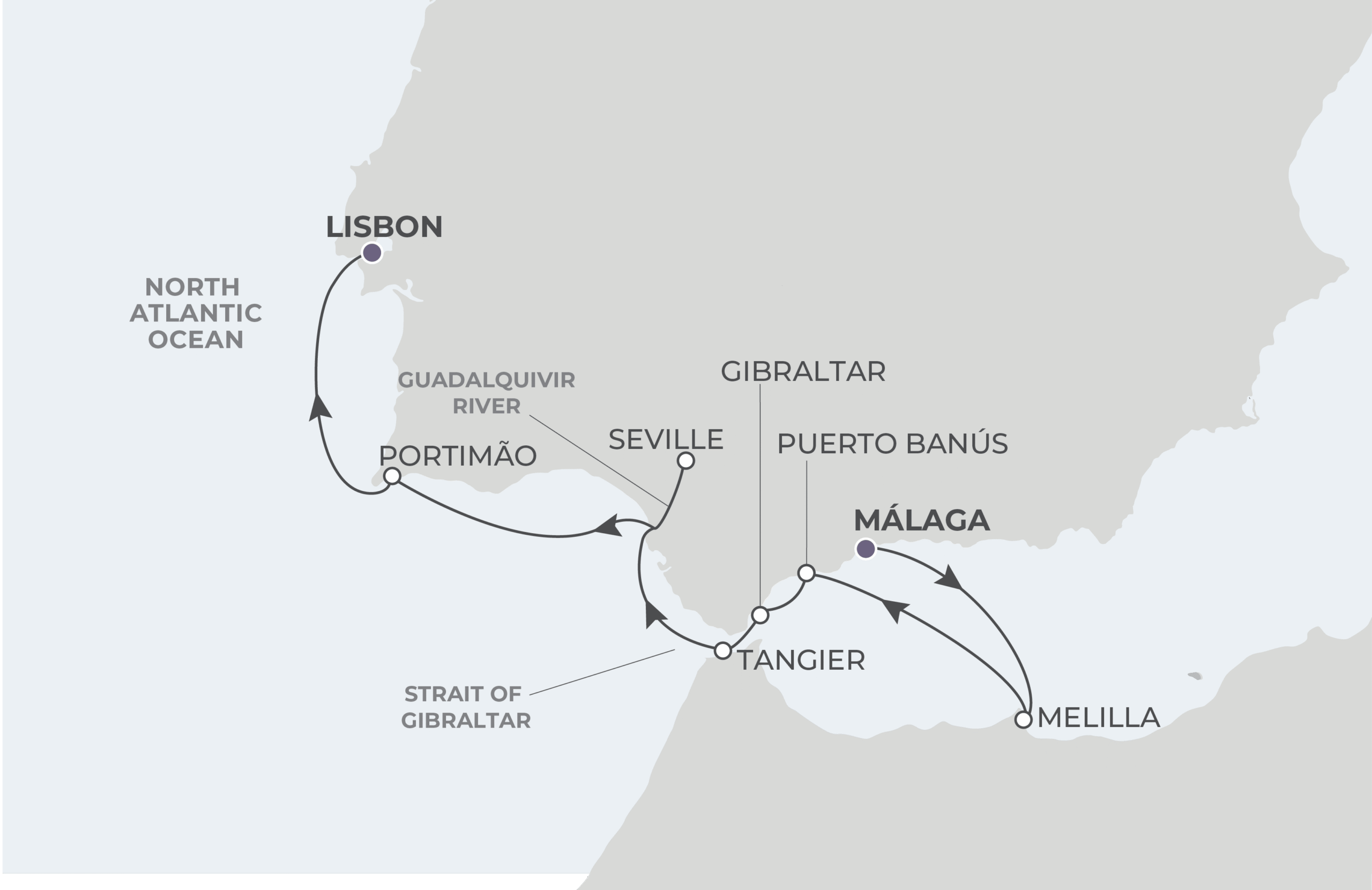 Map for 8-Night Malaga to Lisbon 5.14.28