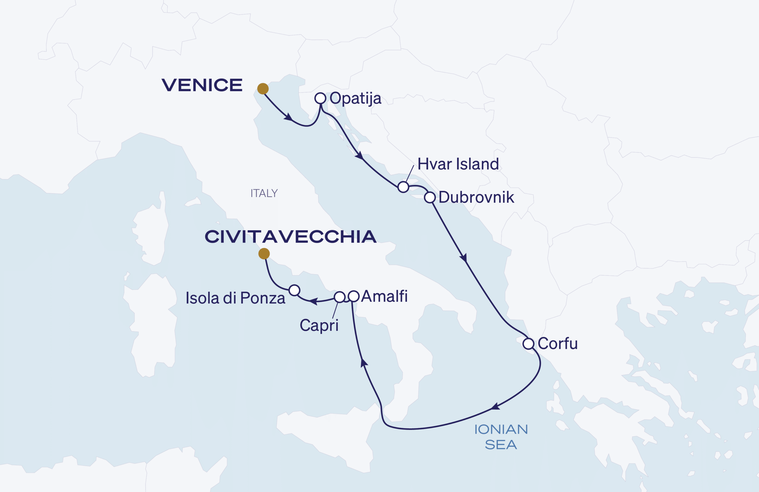 Map for 9-Night Venice to Rome 5.22.28