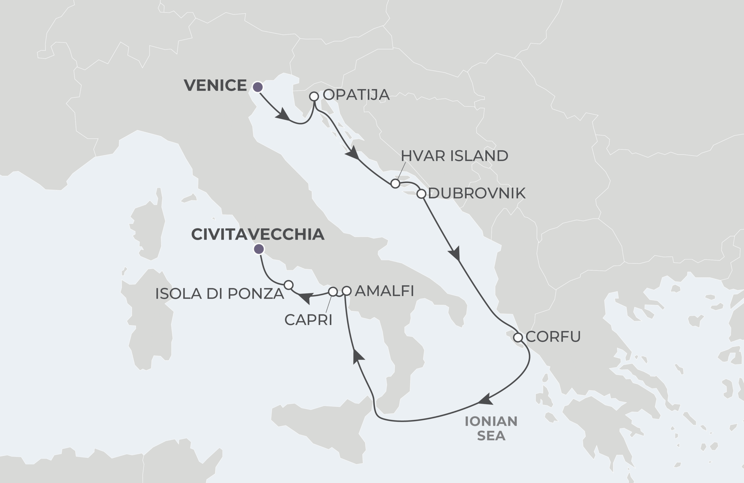 Map for 9-Night Venice to Civitavecchia 5.22.28
