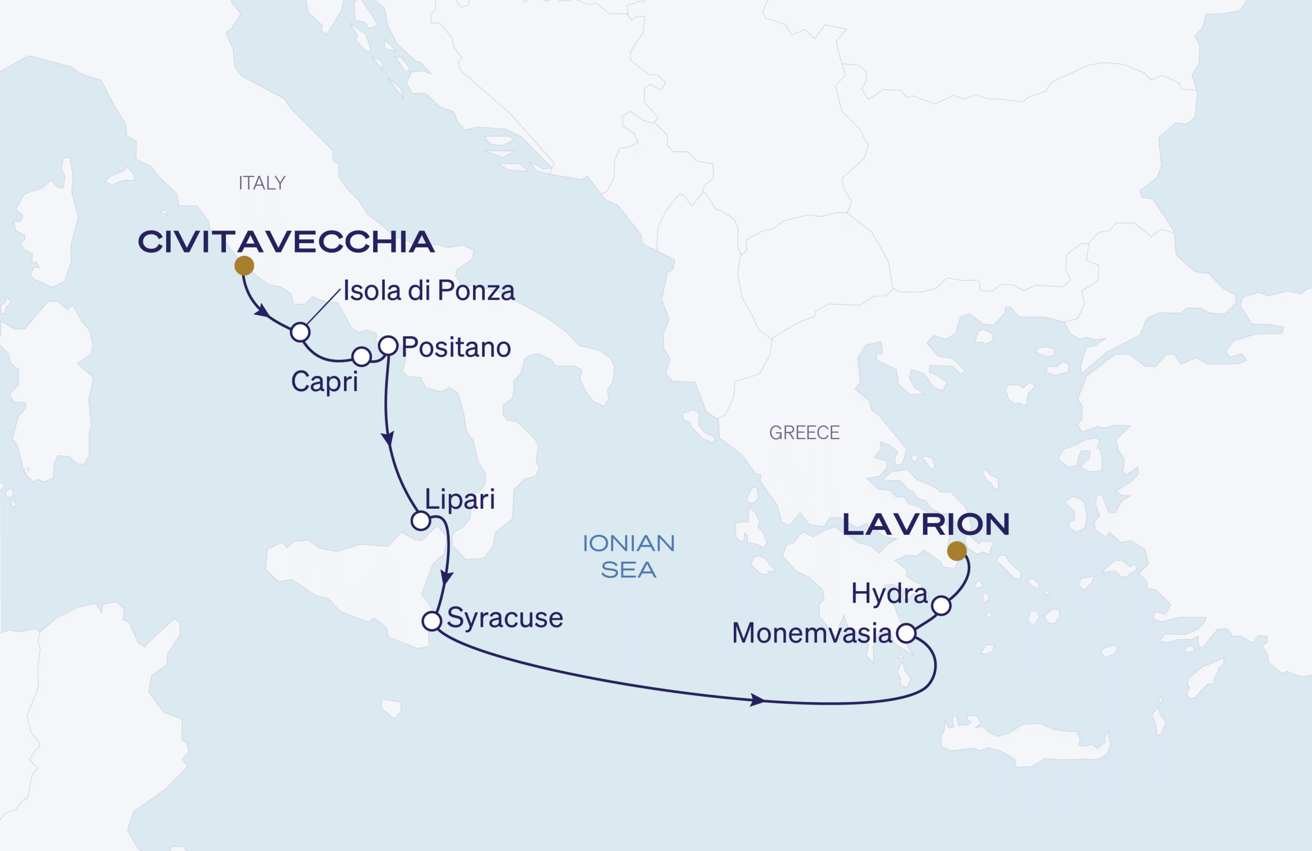 Map for 9-Night Rome to Lavrion 6.8.28