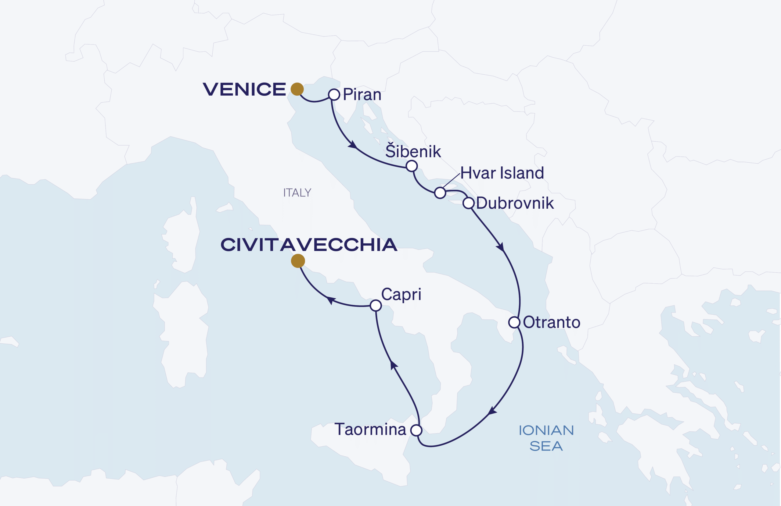 Map for 8-Night Venice to Rome 7.18.28
