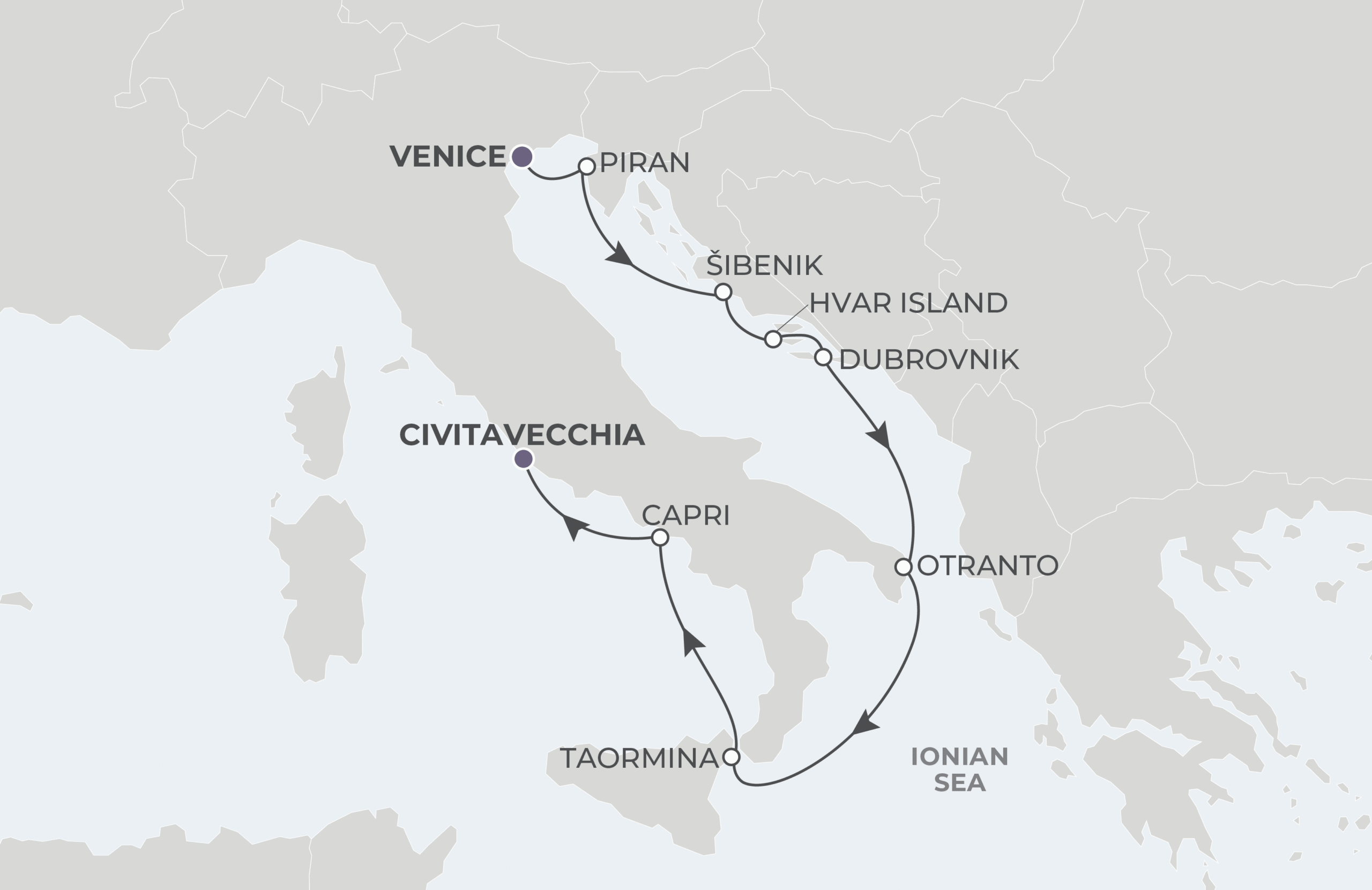 Map for 8-Night Venice to Rome 7.18.28