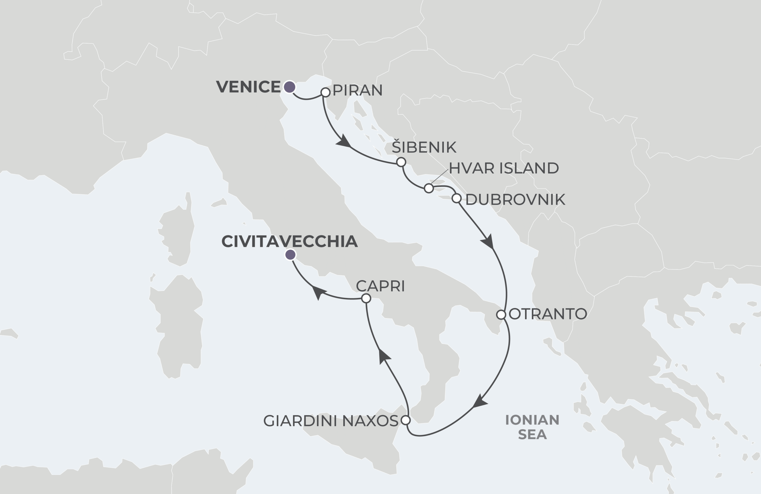 Map for 8-Night Venice to Civitavecchia 7.18.28