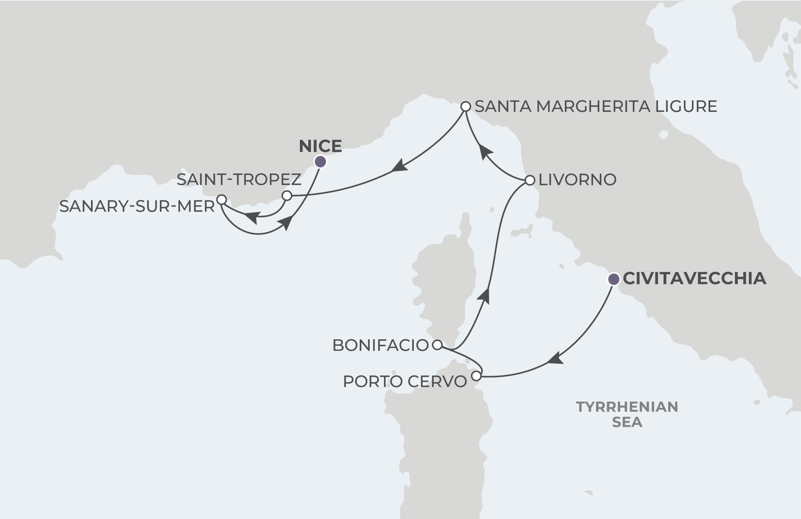 Map for 7-Night Rome to Nice 7.26.28