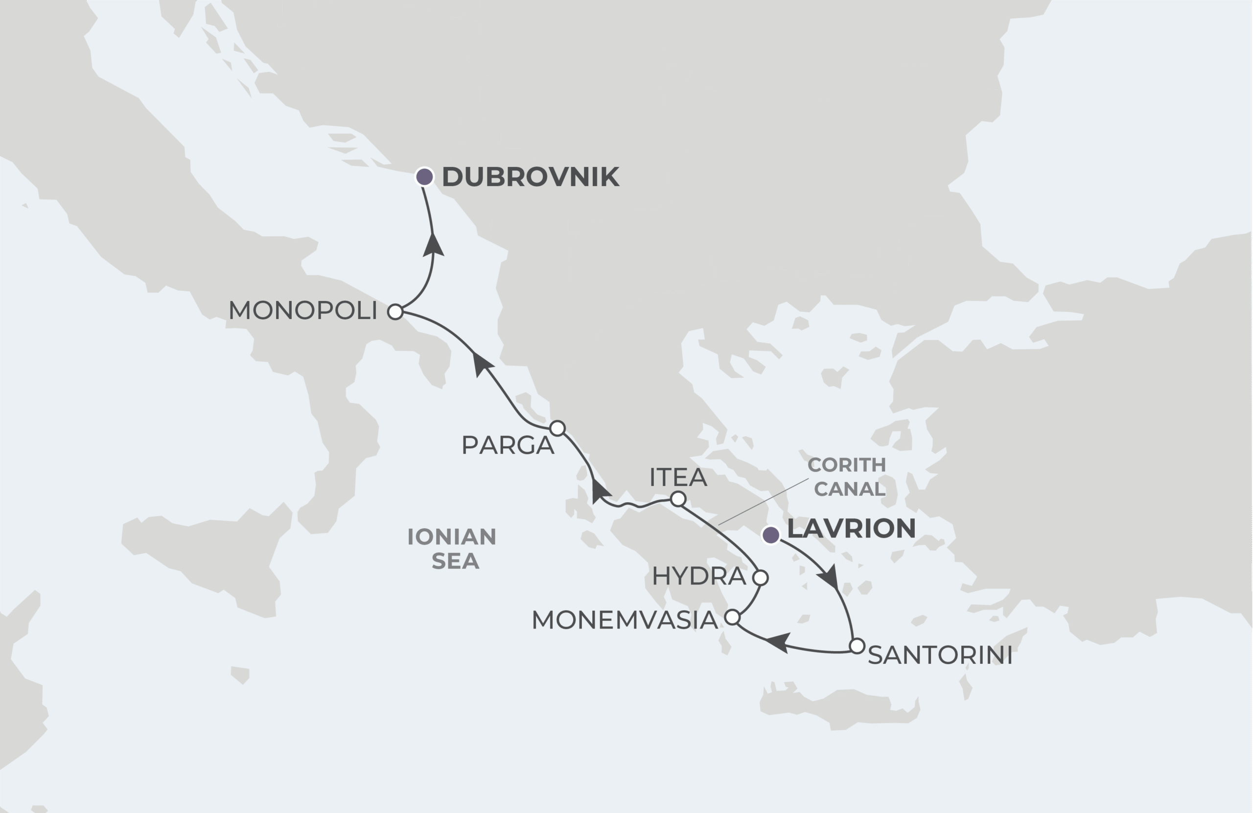 Map for 7-Night Lavrion to Dubrovnik 8.30.28