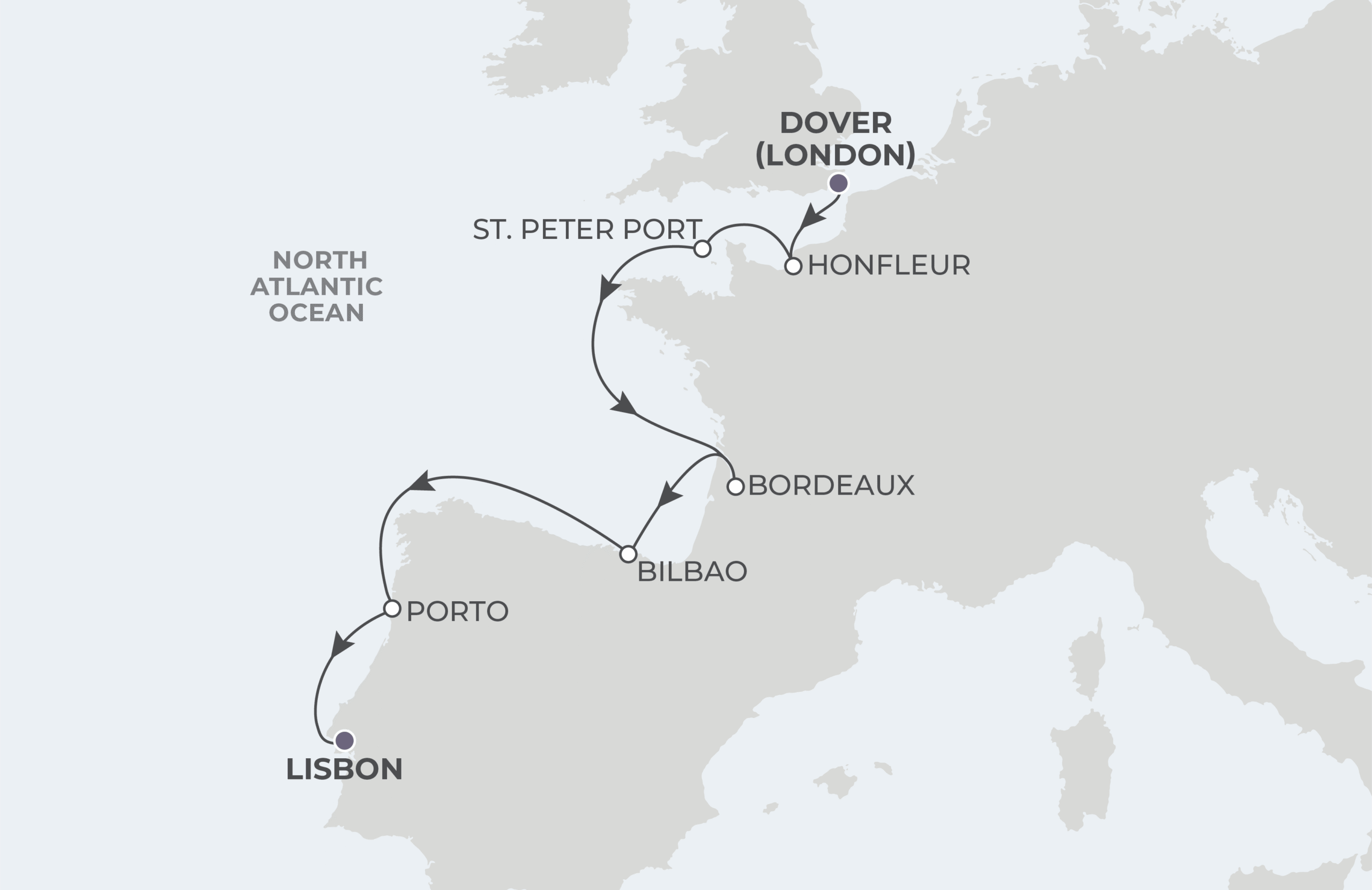 Map for 10-Night Dover to Lisbon 9.26.28
