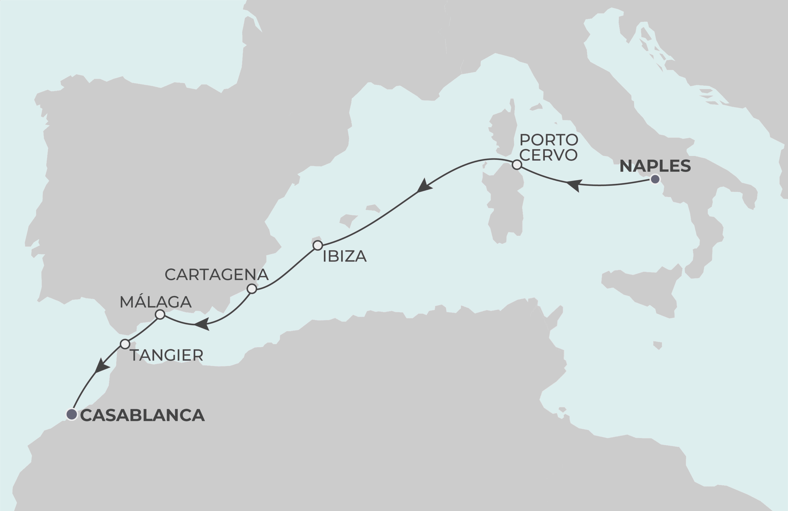 Map for 7-Night Naples to Casablanca 9.27.28