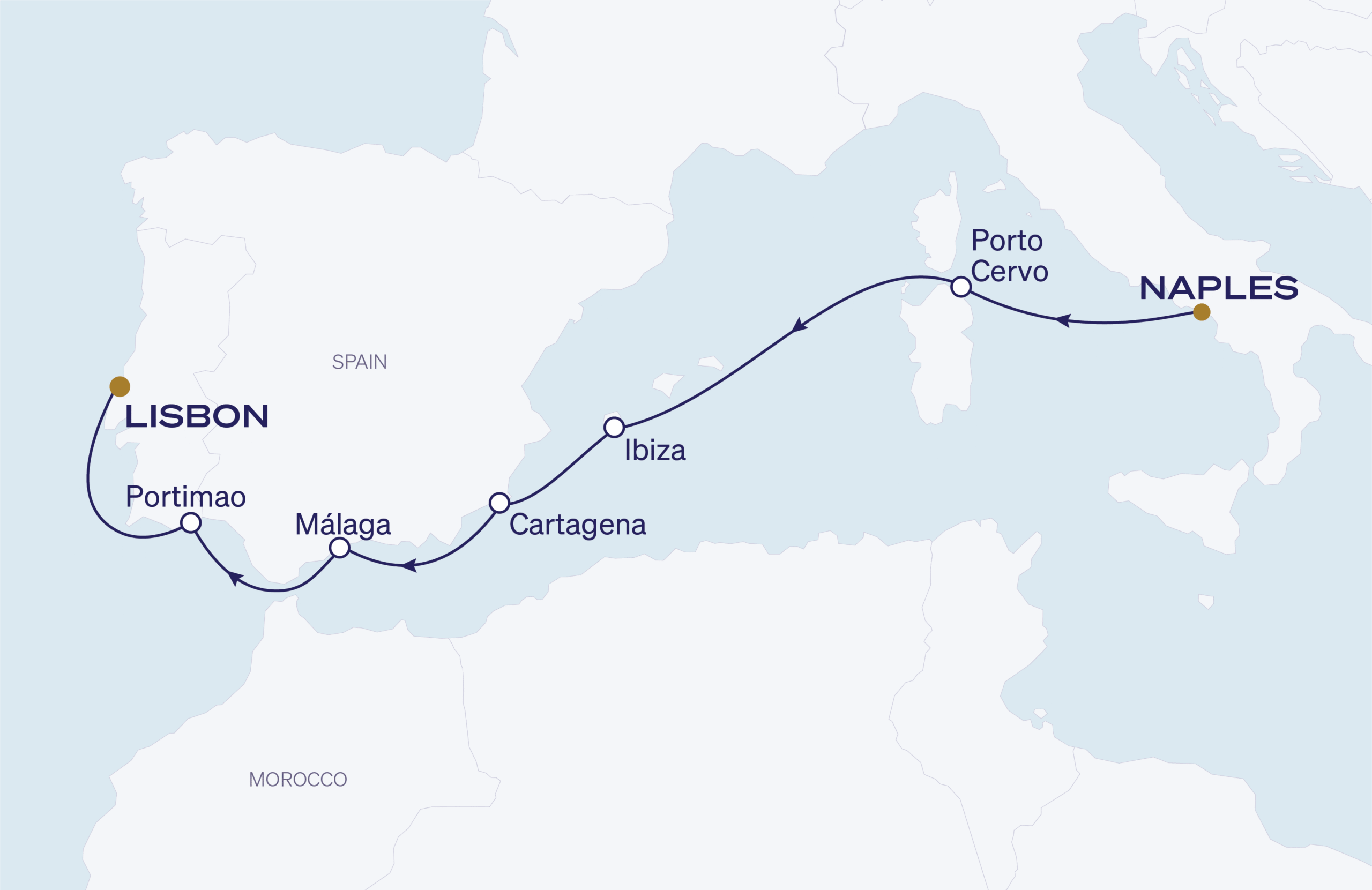 Map for 7-Night Naples to Lisbon 9.27.28
